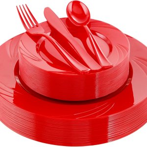 YOUBET 125 platos de plástico rojo, cubiertos de plástico rojo, platos rojos resistentes, desechables, incluye 25 platos llanos, 25 platos de YOUBET 125 platos de plástico rojo, cubiertos de plástico rojo, platos rojos resistentes, desechables, incluye 25 platos llanos, 25 platos de
