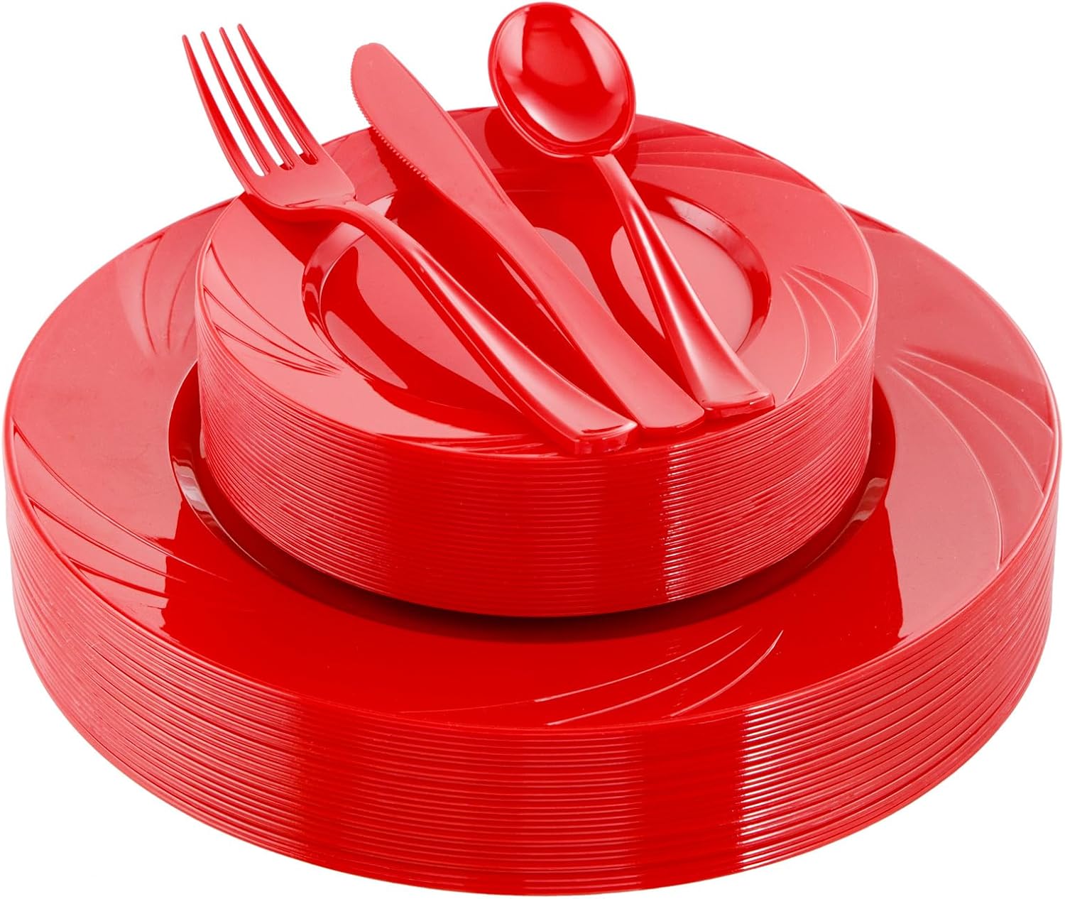 YOUBET 125 platos de plástico rojo, cubiertos de plástico rojo, platos rojos resistentes, desechables, incluye 25 platos llanos, 25 platos de