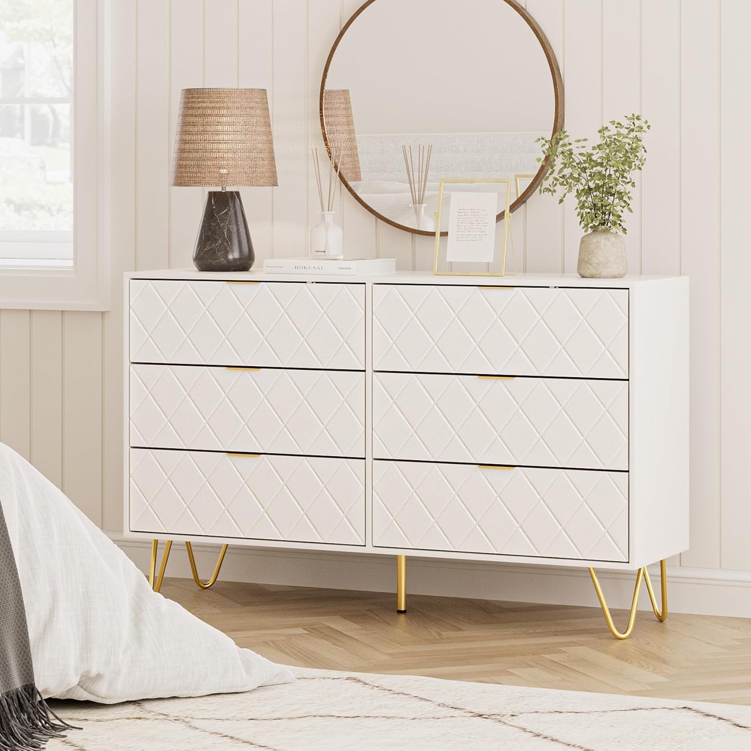 Cómoda de 6 cajones, moderna cajonera, cómoda de almacenamiento ancha con patas de metal, cómoda para dormitorio, sala de estar, armario, entrada,