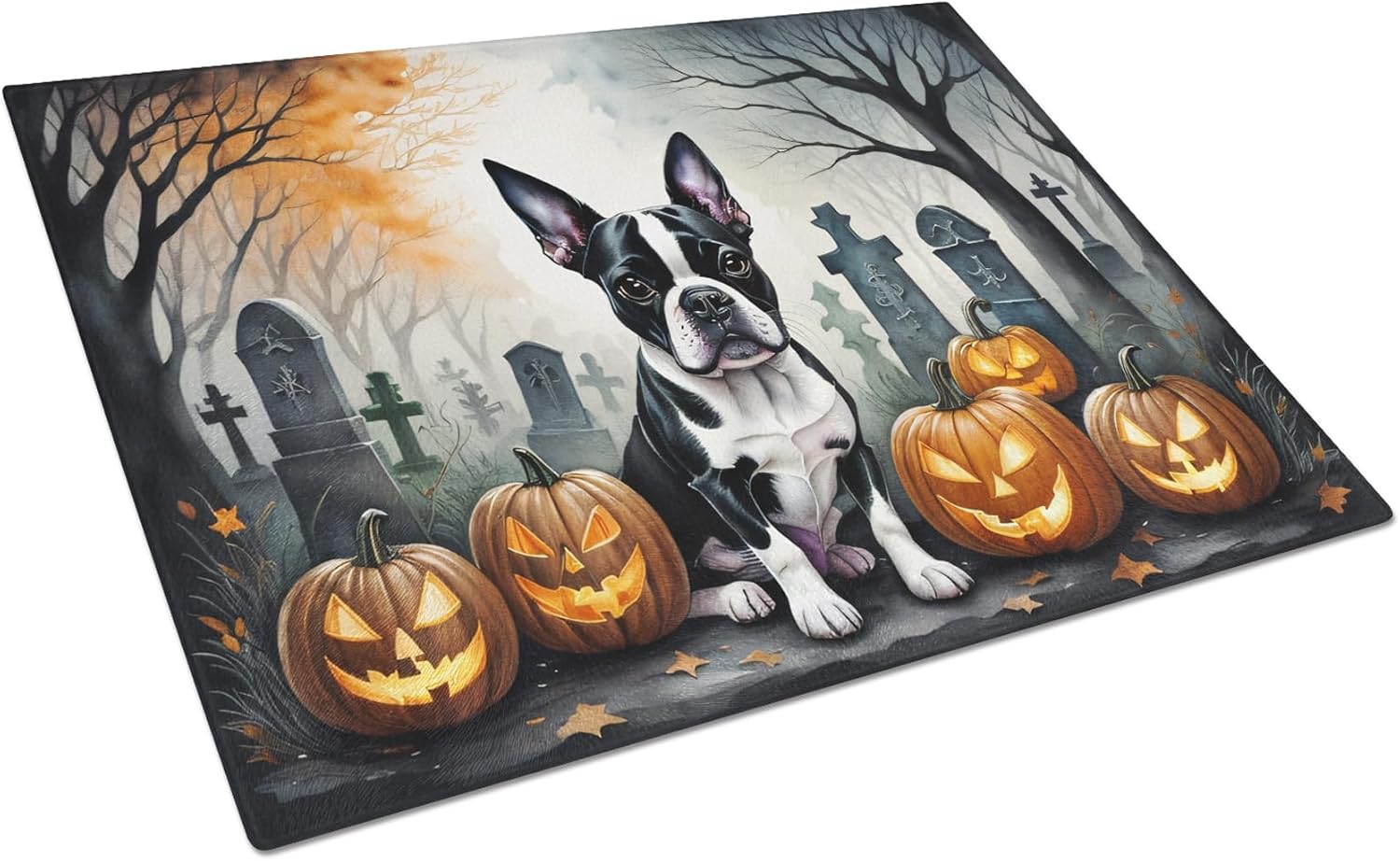 Caroline’s Treasures DAC2022LCB Boston Terrier Spooky Tabla de cortar de vidrio de Halloween Tabla de cortar y servir de vidrio templado decorativa