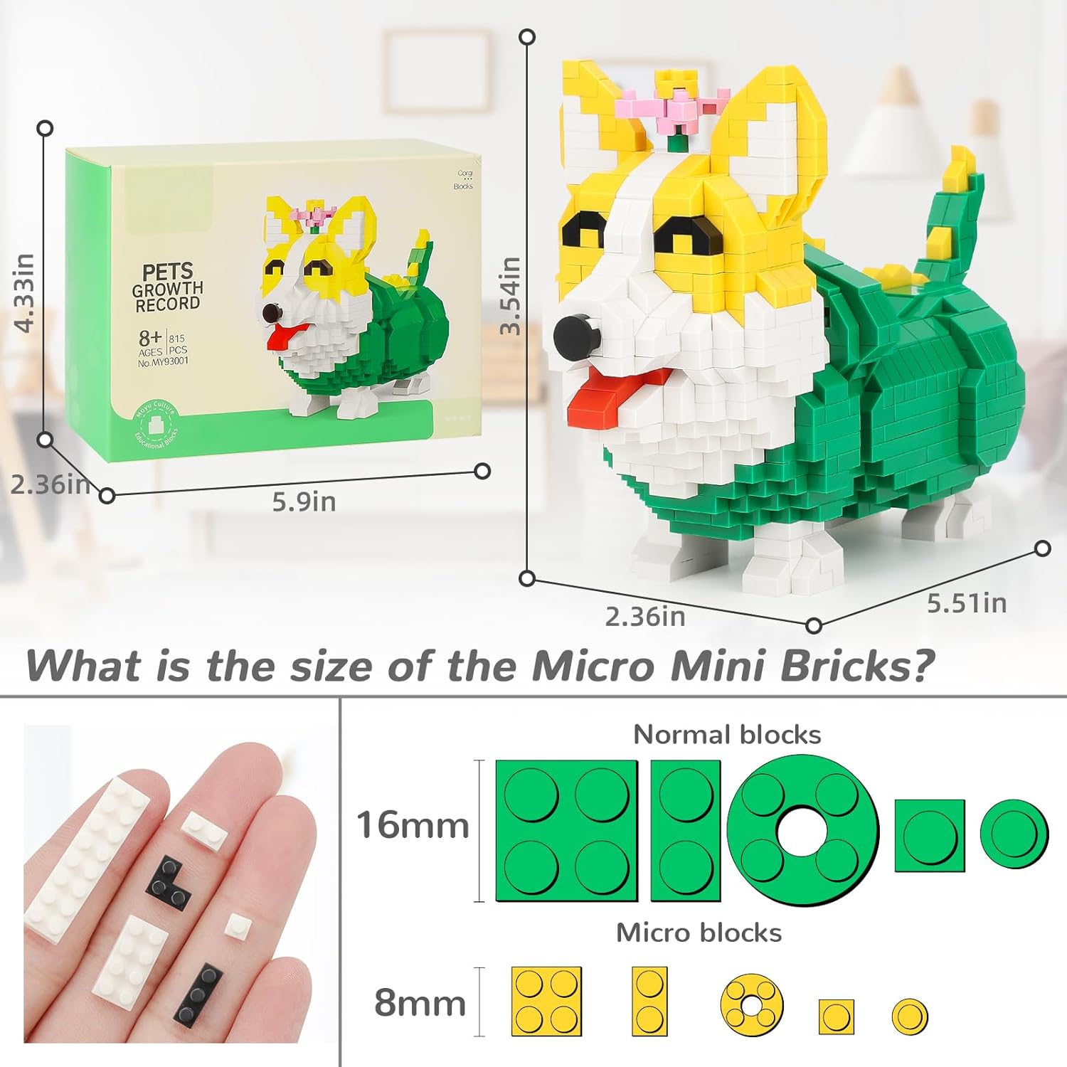 Kit de bloques de construcción de microbloques de construcción de perro Corgi lindo animal, juguetes de construcción de micro ladrillos para