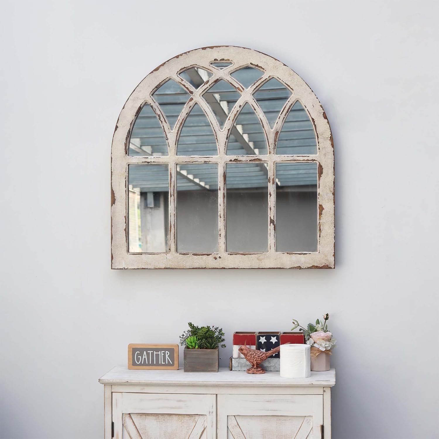 Espejo de pared de madera con arco de catedral rústico, espejo de pared con marco de madera rústica para ventana, color blanco envejecido, 31-78