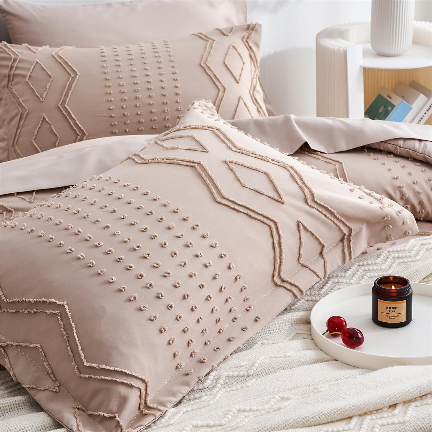 Juego de edredón tamaño King de 7 piezas de ropa de cama bohemia en una bolsa, juego de ropa de cama con textura geométrica, juego de ropa de cama