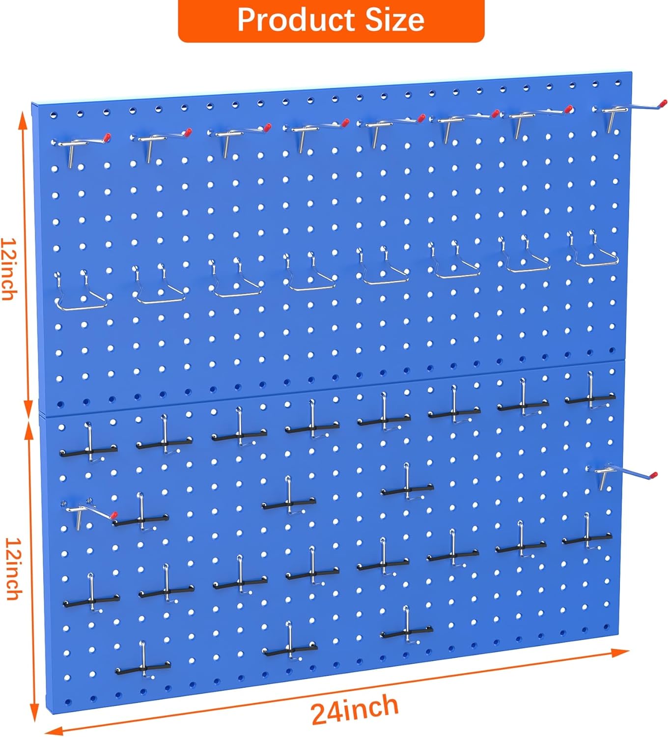 TORACK Organizador de pared de tablero de clavijas de metal de 24 x 24 pulgadas o 12 x 48 pulgadas, sistema de tablero de clavijas de 70 piezas para
