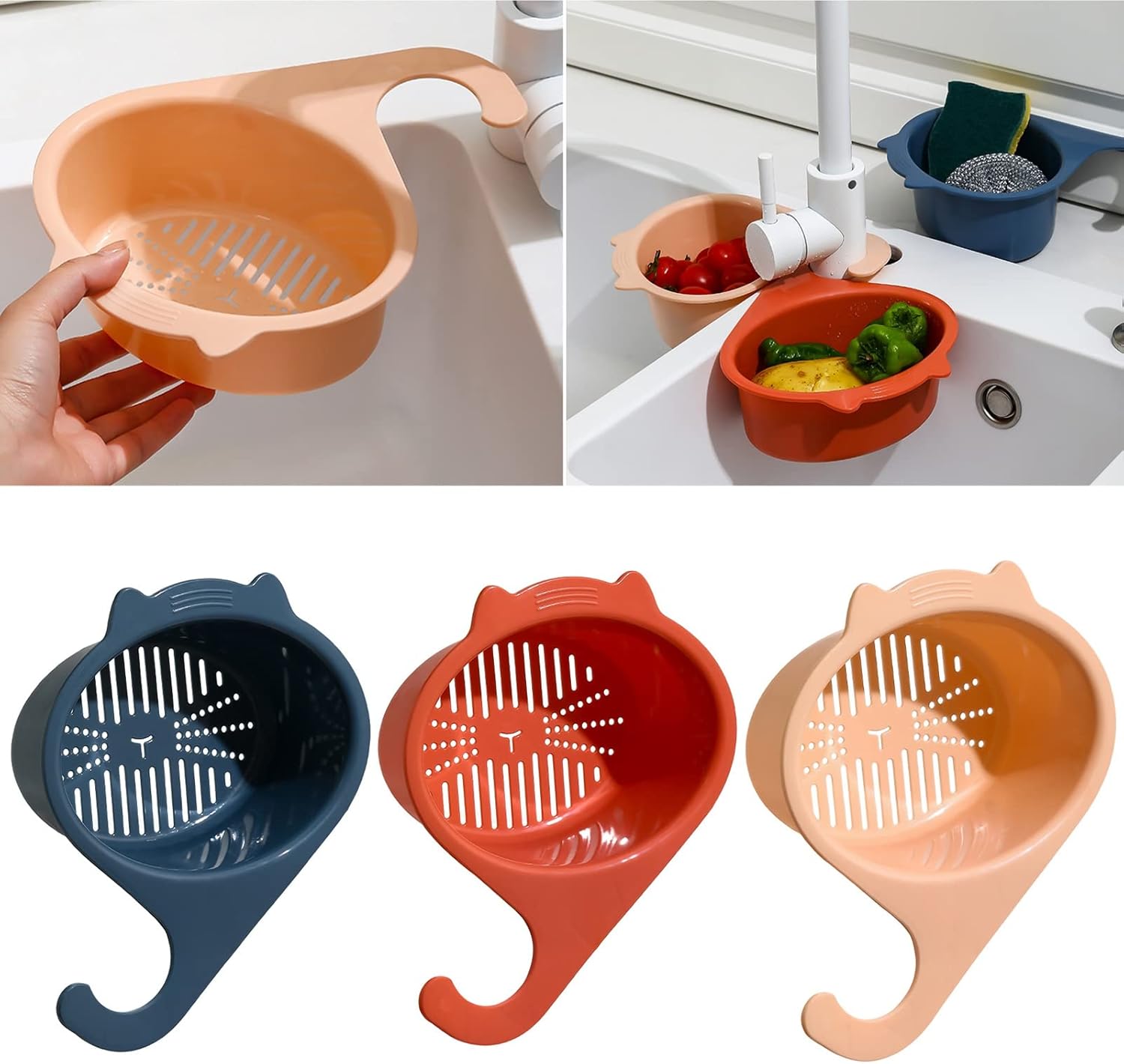 Colador para colocar sobre el fregadero, cesta de drenaje para lavar verduras y frutas, escurrir pasta cocida y platos secos, se cuelga en el grifo,