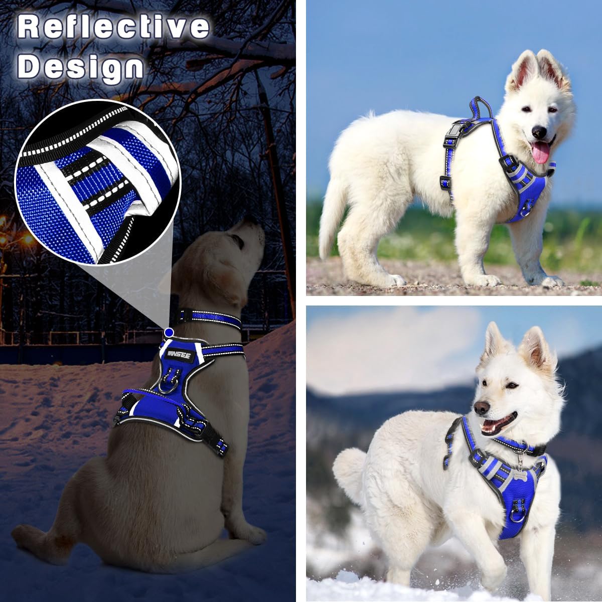 WINSEE Arnés para perro sin jalones con collar chaleco reflejante ajustable Oxford, broches para correa delantero y trasero para perros pequeños,