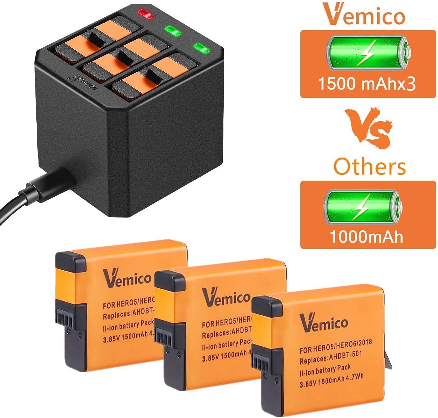Vemico Hero 7 – Juego de 3 baterías Hero5 de 1500 mAh con cargador LED tipo C AHDBT-501 batería para GoPro Hero 7 Negro, Hero 6, Hero 5, Hero 2018