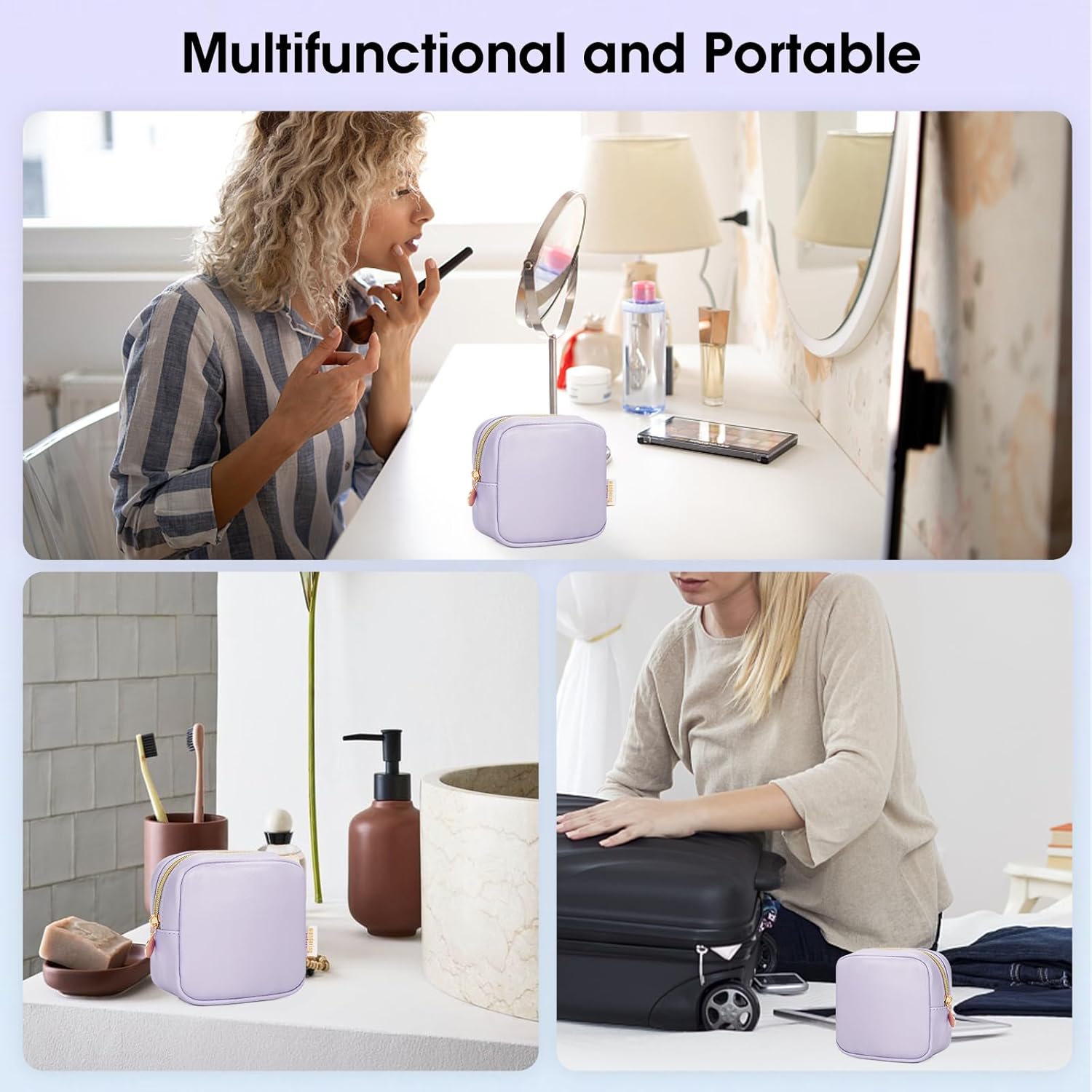 Wandering Nature Pequeña bolsa de maquillaje para bolso, bolsa de cosméticos con cremallera para mujer, bolsa de viaje de cuero vegano ecológico,