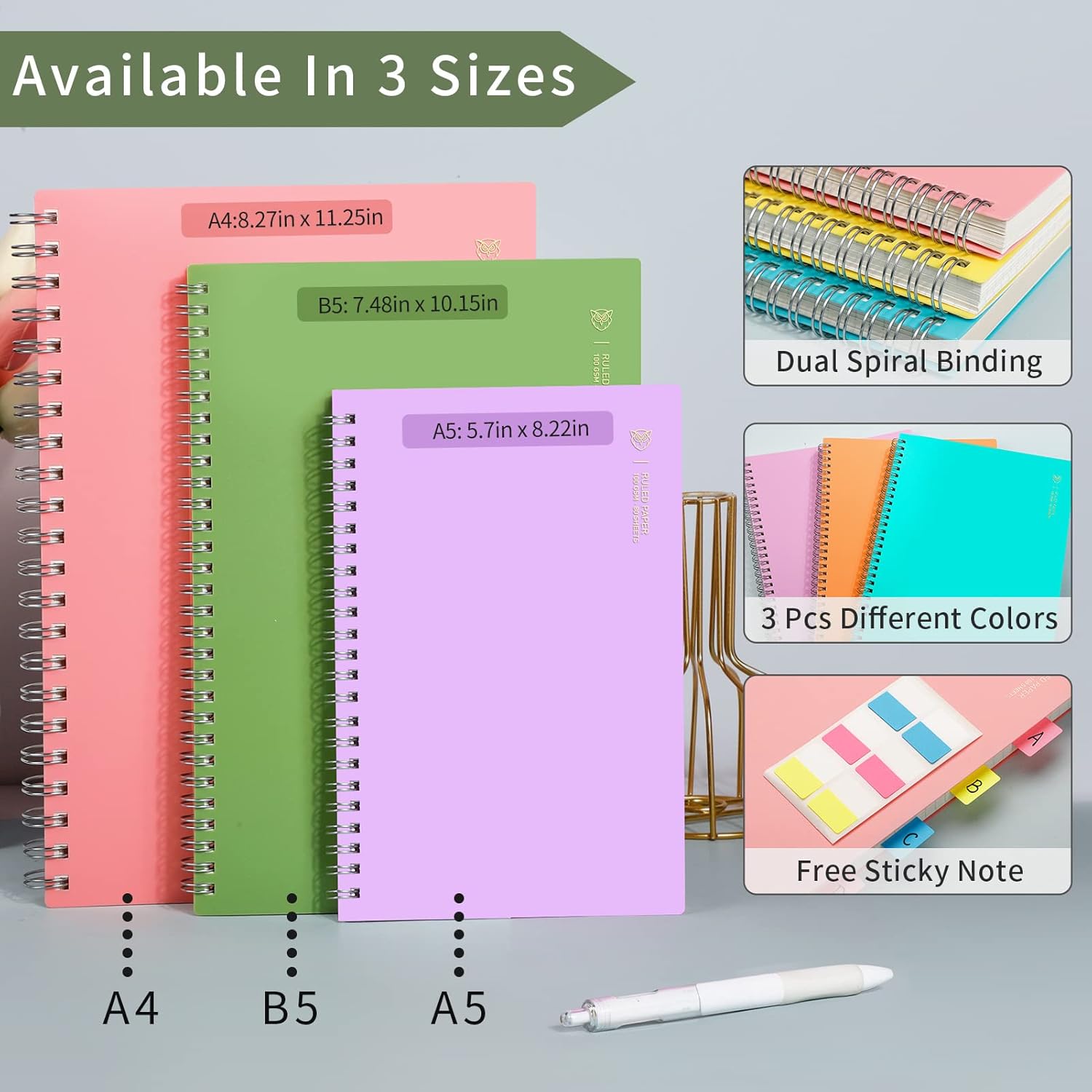 EMSHOI Cuaderno de espiral con rayas universitarias, paquete de 3 cuadernos B5 de composición grandes de 7.48 x 10.15 pulgadas, 480 páginas de 3.53