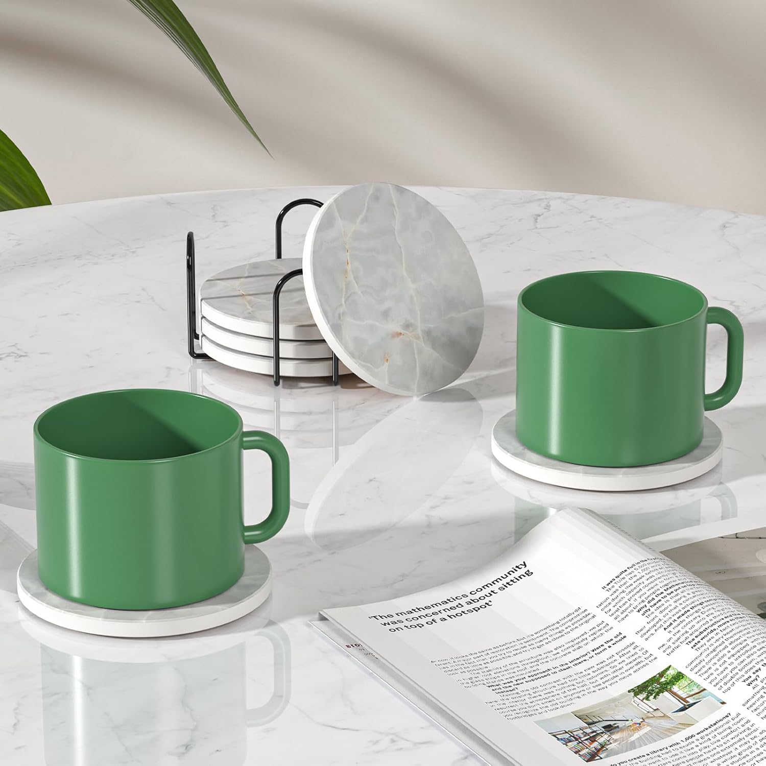 BUYAOBL Posavasos absorbentes con soporte, juego de 6 posavasos absorbentes, posavasos de ágata de cerámica de mármol, base de corcho para mesa de