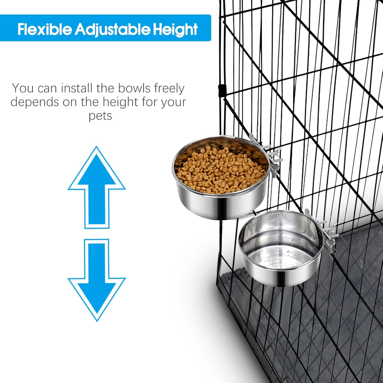 Yummy Sam 2 cuencos pequeños para comida y agua para perros con soporte de abrazadera mejorado, cuencos colgantes de acero inoxidable detectables