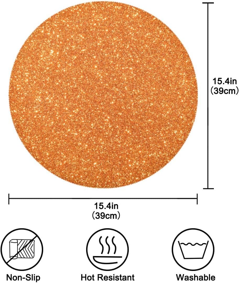 Juego de 6 manteles individuales redondos con purpurina de color naranja brillante para cocina, para decoración de fiestas del hogar, vacaciones, 15