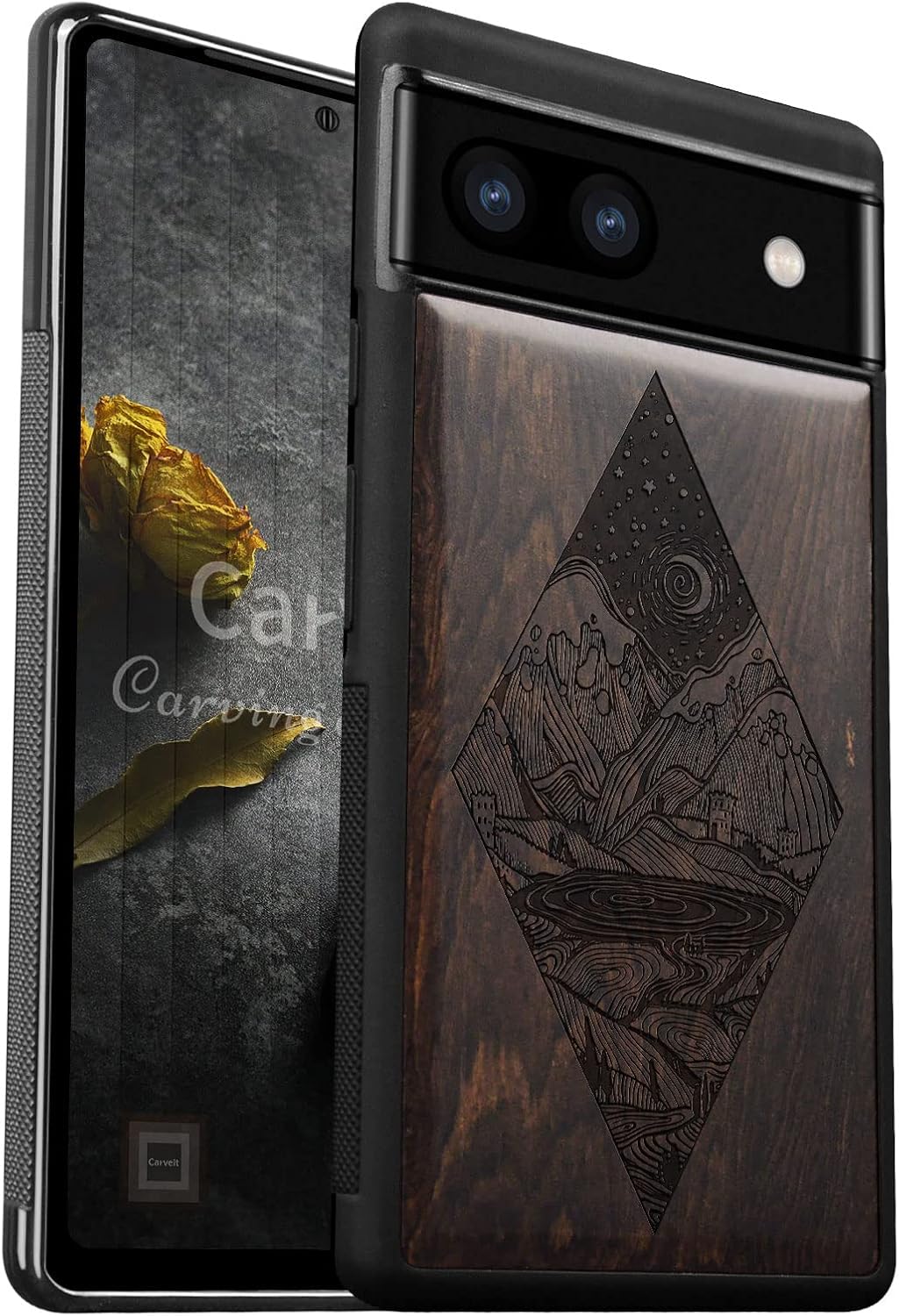 Carveit Funda de madera para Pixel 6a 2022 madera natural y TPU suave negro a prueba de golpes, funda de madera única y elegante compatible con