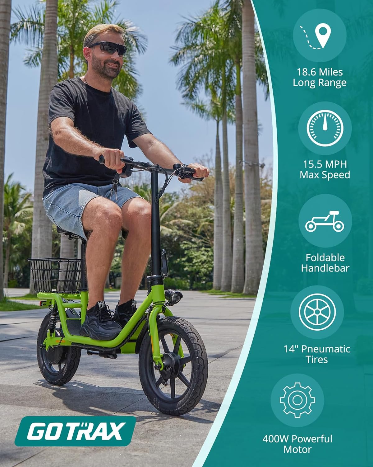 Gotrax FLEX Electric Scooter with Seat for Adult, 18.6Miles Range&15.5Mph Power by 400W Motor, 14″ Pneumatic Tire&Height Adjustable Seat, Foldable