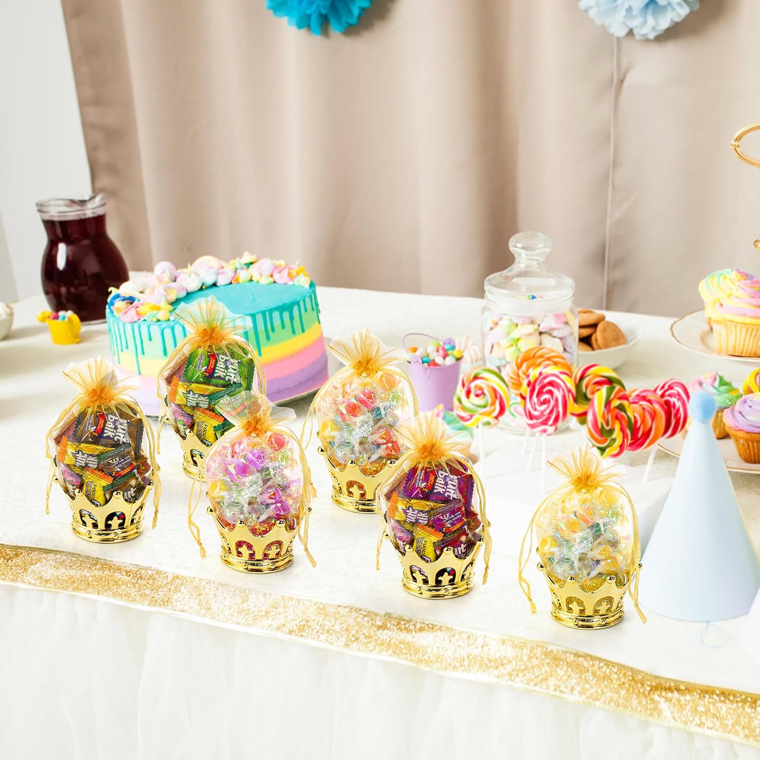 Noamus Paquete de 30 coronas rellenables con bolsa, copa de plástico dorada con bolsas con cordón, cajas de almacenamiento decorativas para dulces,