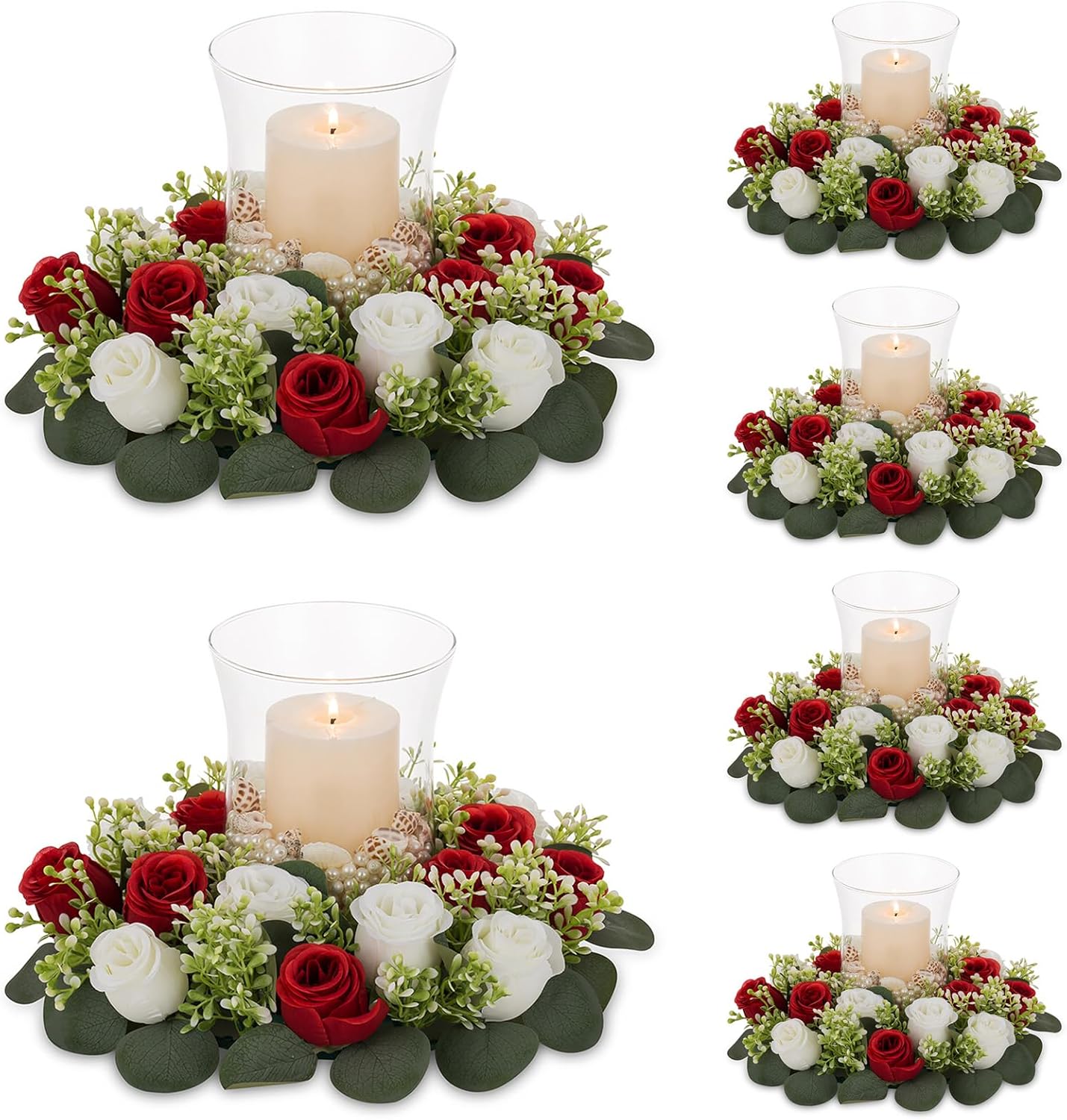 NUPTIO Candelabros de cristal Hurricane 6 jarrones de velas flotantes cilíndricas con corona de flores falsas grandes de 13.4 pulgadas, color