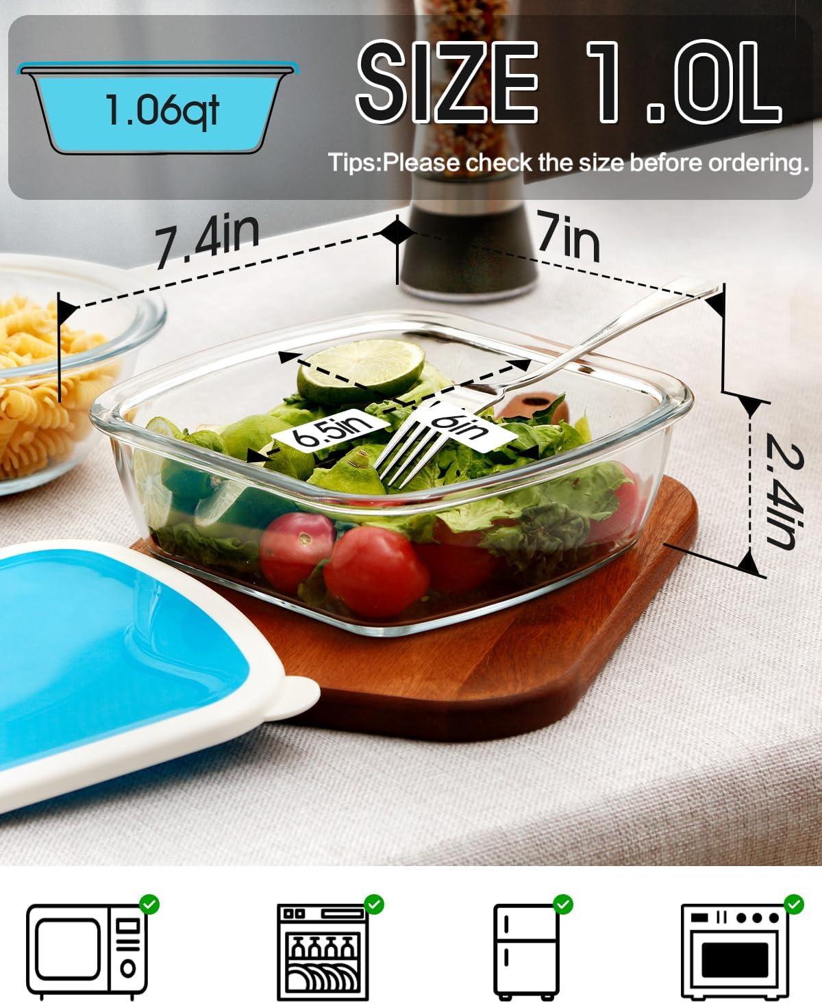 NUTRIUPS Plato para hornear de vidrio cuadrado de 1 cuarto de galón con tapa, plato de horno de 6 x 6.5 pulgadas para horno, pequeño recipiente de