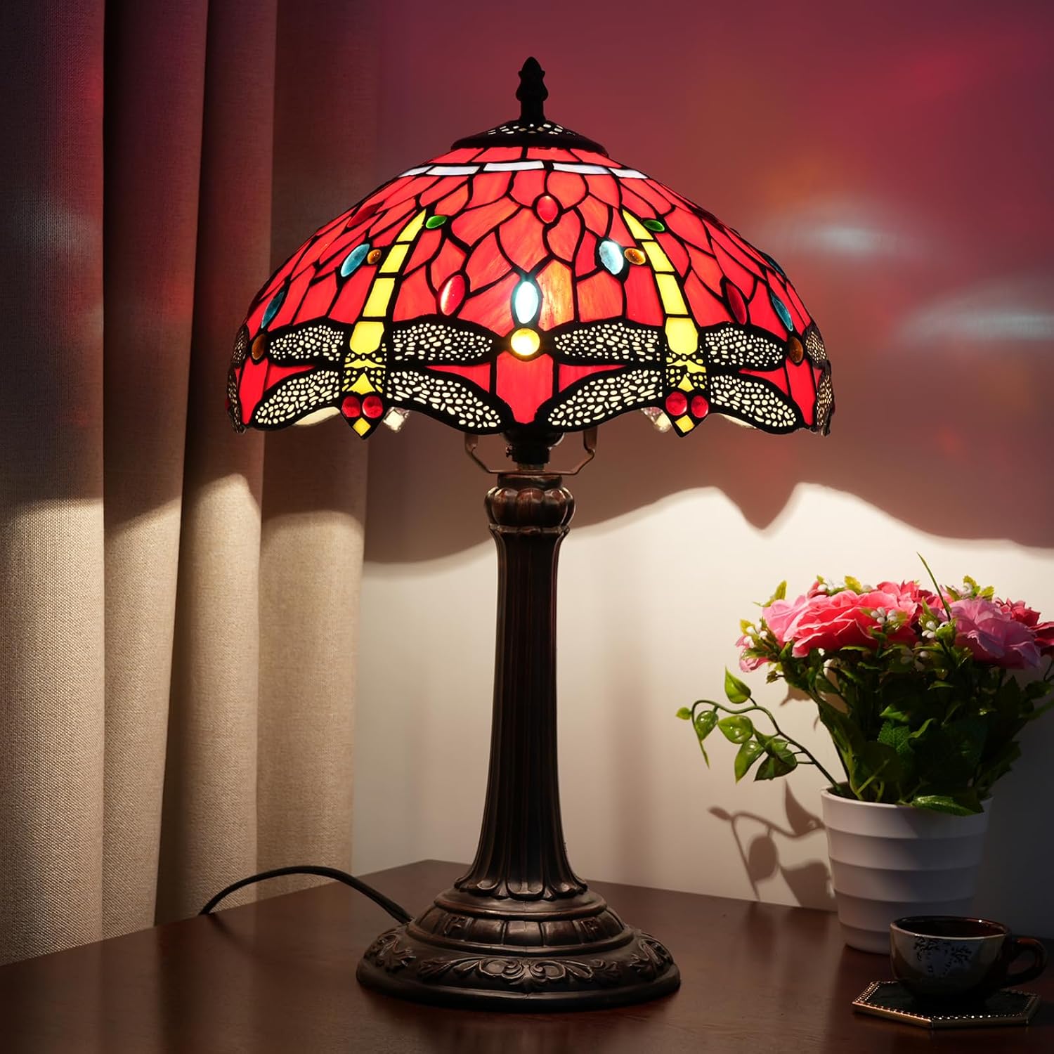 Tiffany Lámpara de mesa con libélula roja, 12 x 12 x 18 pulgadas, estilo libélula roja, luz de lectura, decoración al lado del dormitorio, sala de