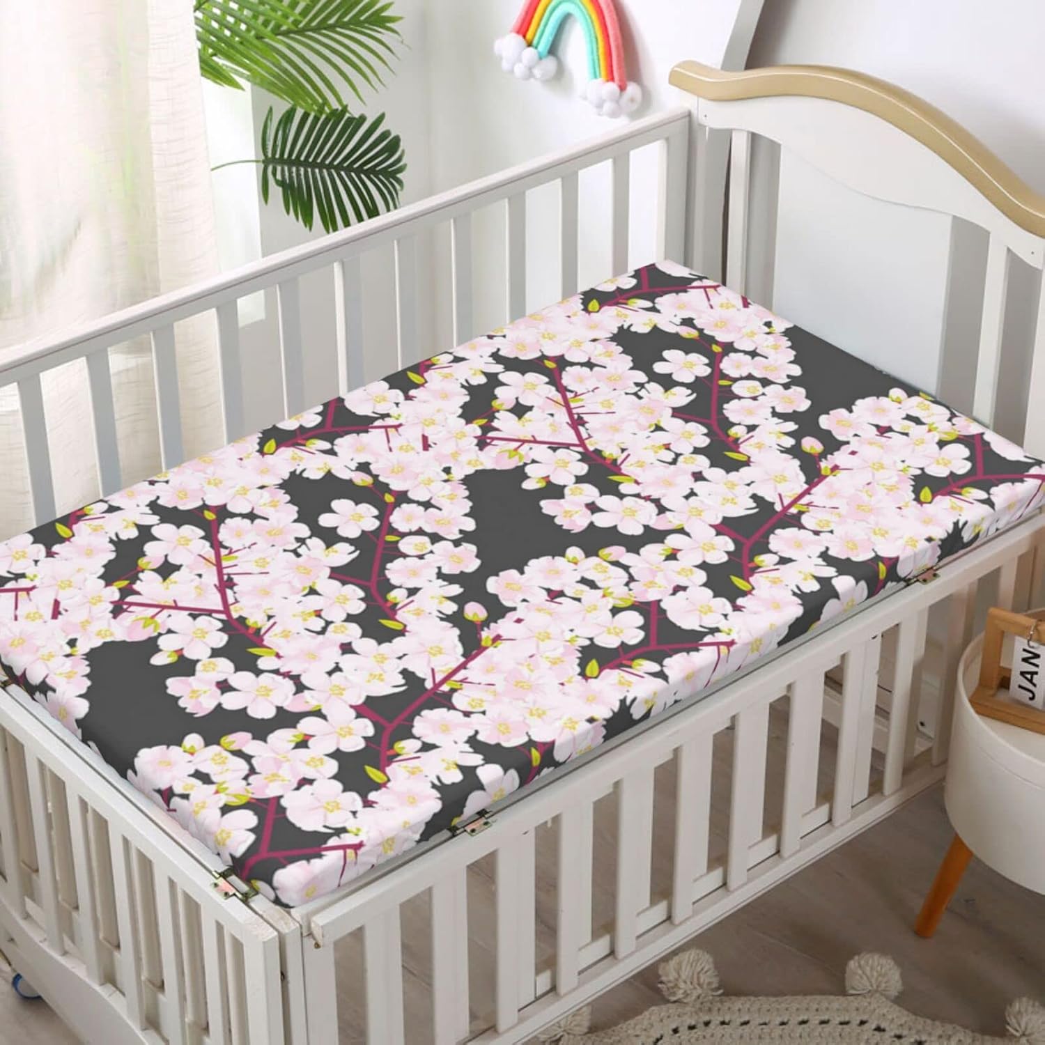 Sábana bajera ajustable para cuna con temática de flor de cerezo, material ultrasuave, ideal para habitación de niños o niñas o guardería, gris rosa