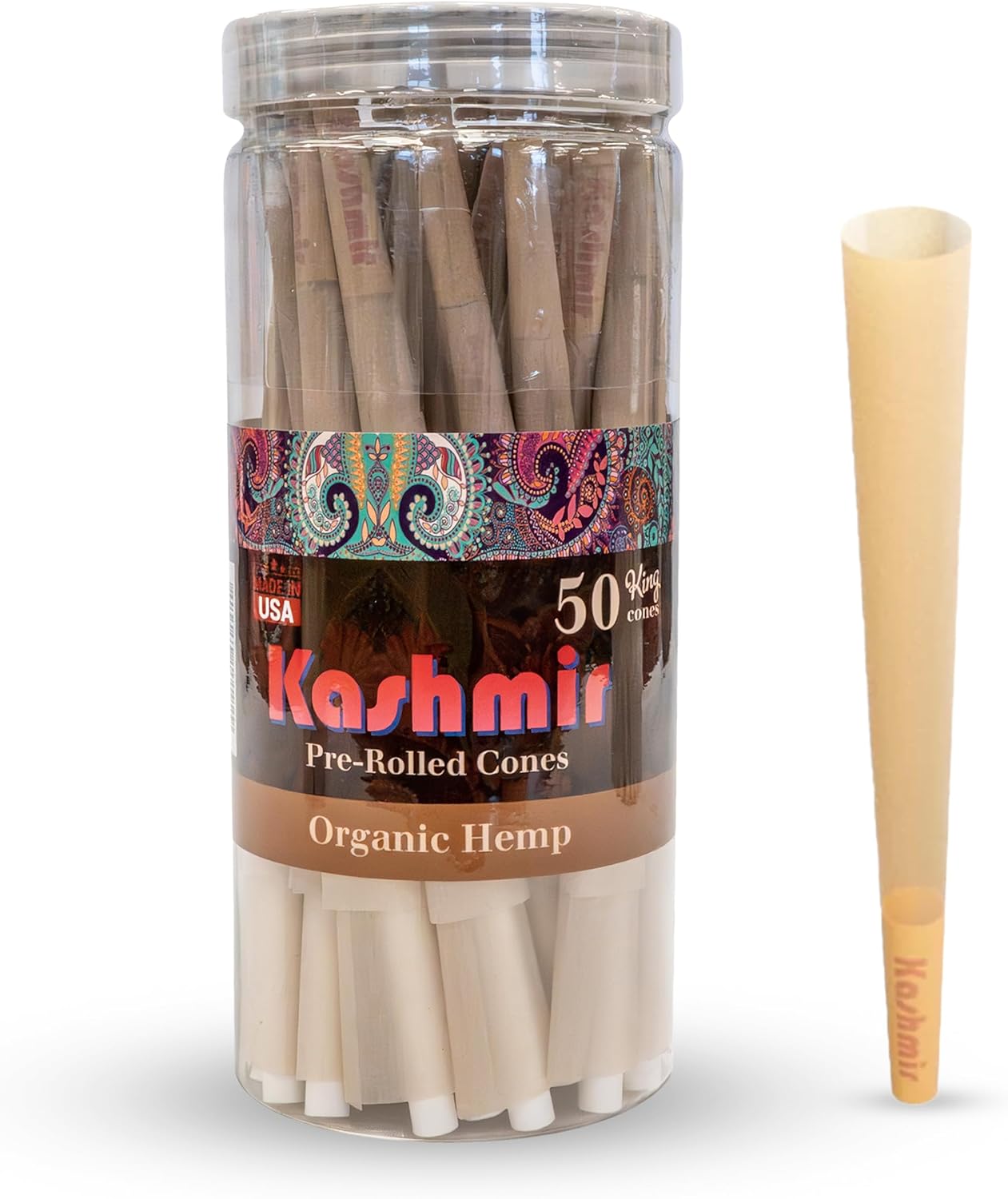 Kashmir Cones Rolling Paper King – Papeles de liar – Conos orgánicos con puntas preenrollados conos preenrollados tamaño King 50 unidades