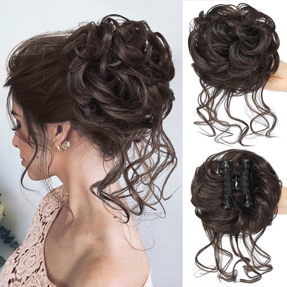 Moño desordenado, pinza de garra, moños despeinados, extensiones de moño sintético rizado para mujer (marrón oscuro)