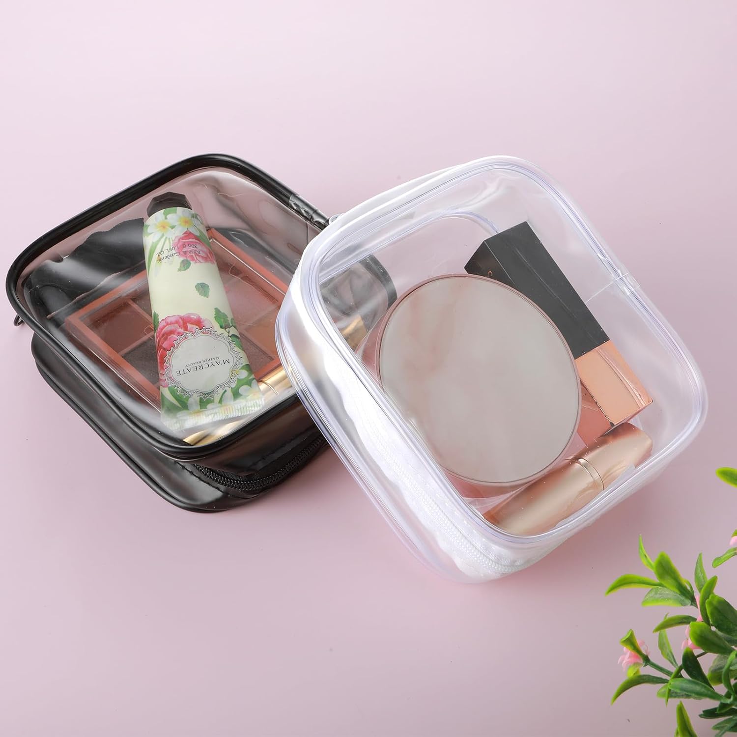 DIVINA VITAE Paquete de 2 pequeñas bolsas de maquillaje transparentes con cremallera, bolsa de aseo aprobada por la TSA, bolsa de cosméticos de
