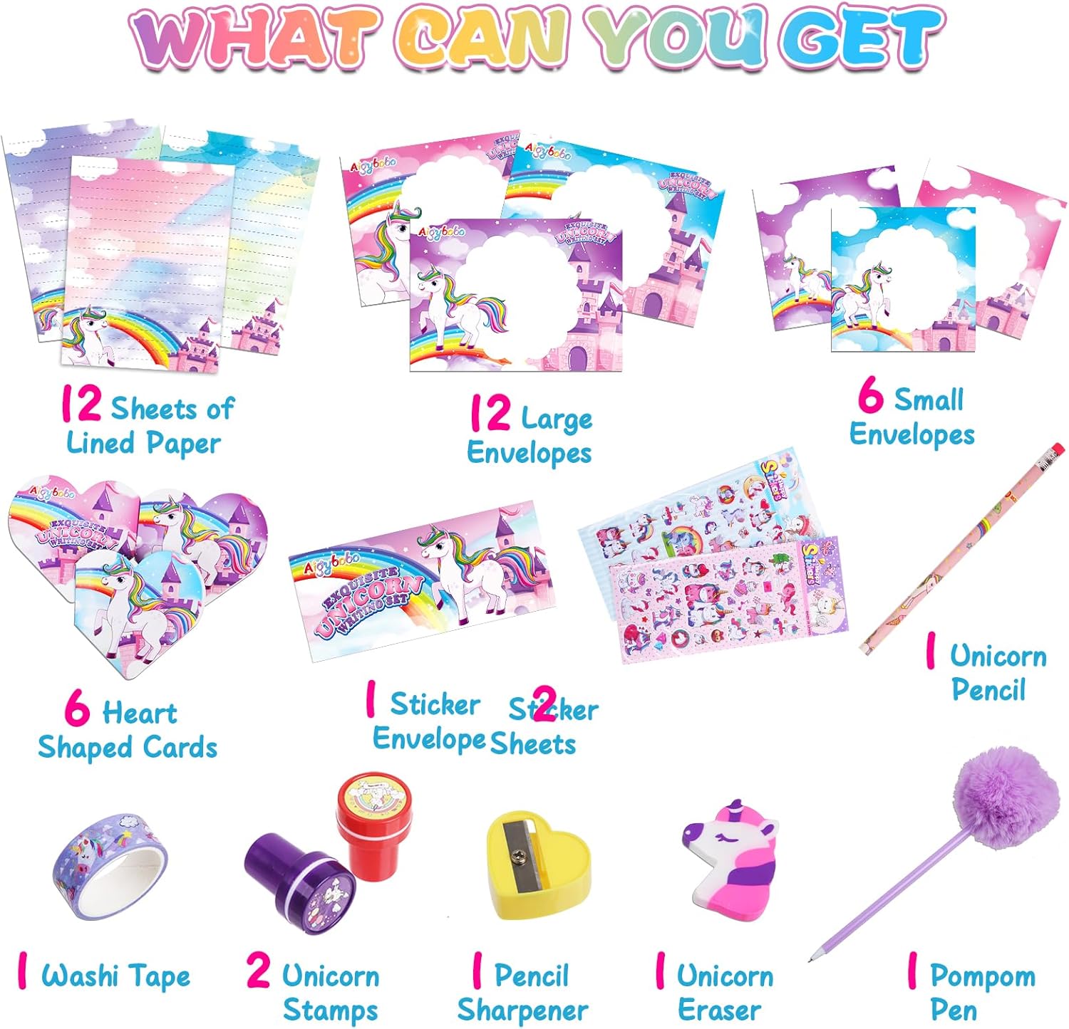Regalos de unicornios para niñas, juego de papelería para niños, kit de escritura de 46 piezas, regalos de Navidad para niñas de 8, 9, 10, 11, 12