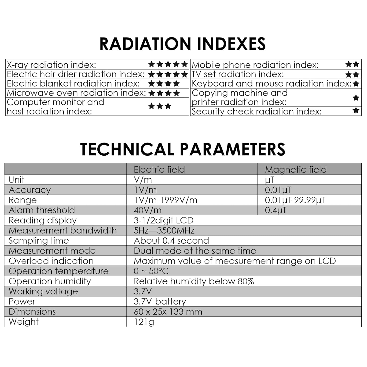 Probador digital EMF Detector de radiación de campo eléctrico y magnético Medición de temperatura con pantalla de color y batería recargable