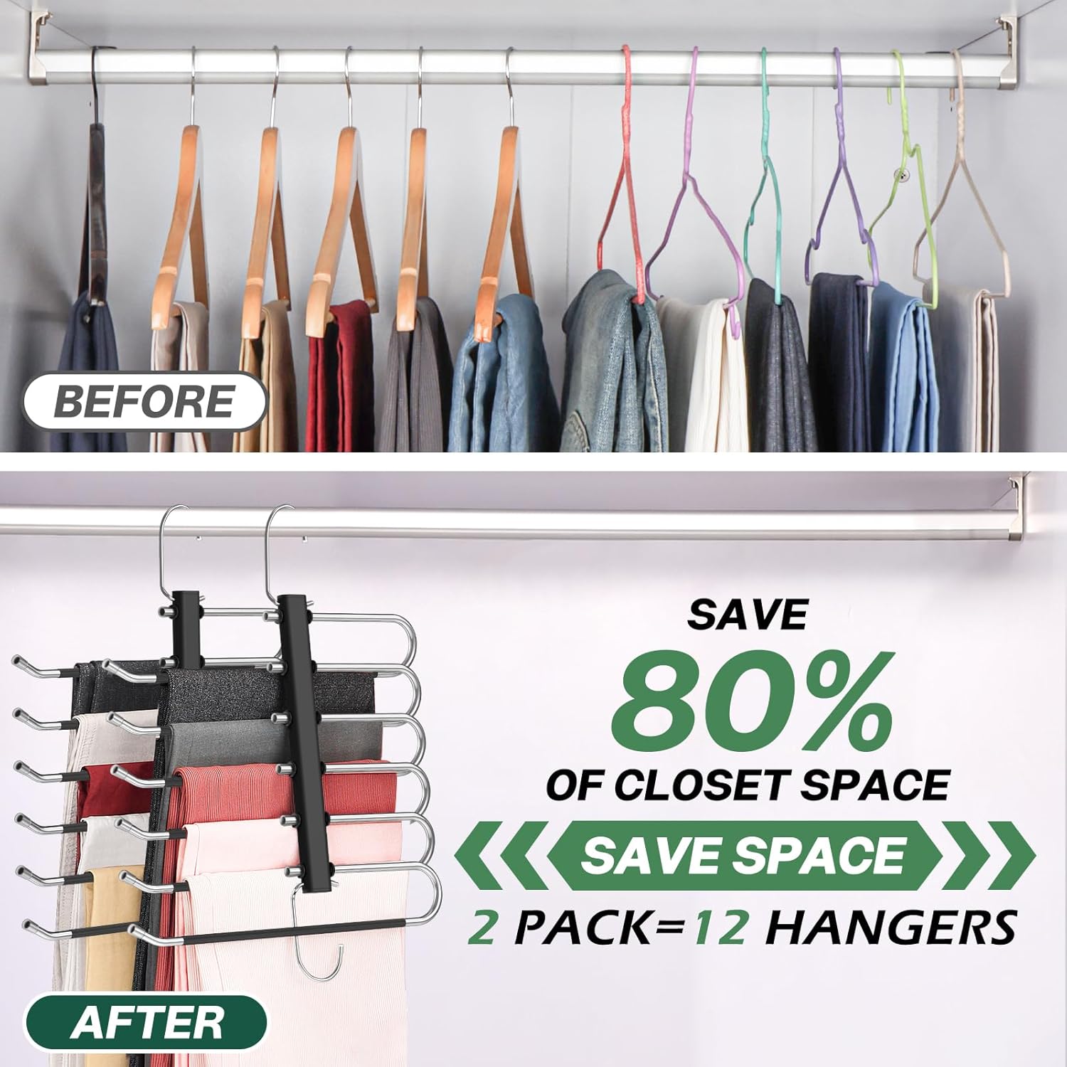DOIOWN Perchas para pantalones que ahorran espacio paquete de 2 perchas de 6 niveles para pantalones con extremos abiertos para hombres y mujeres,