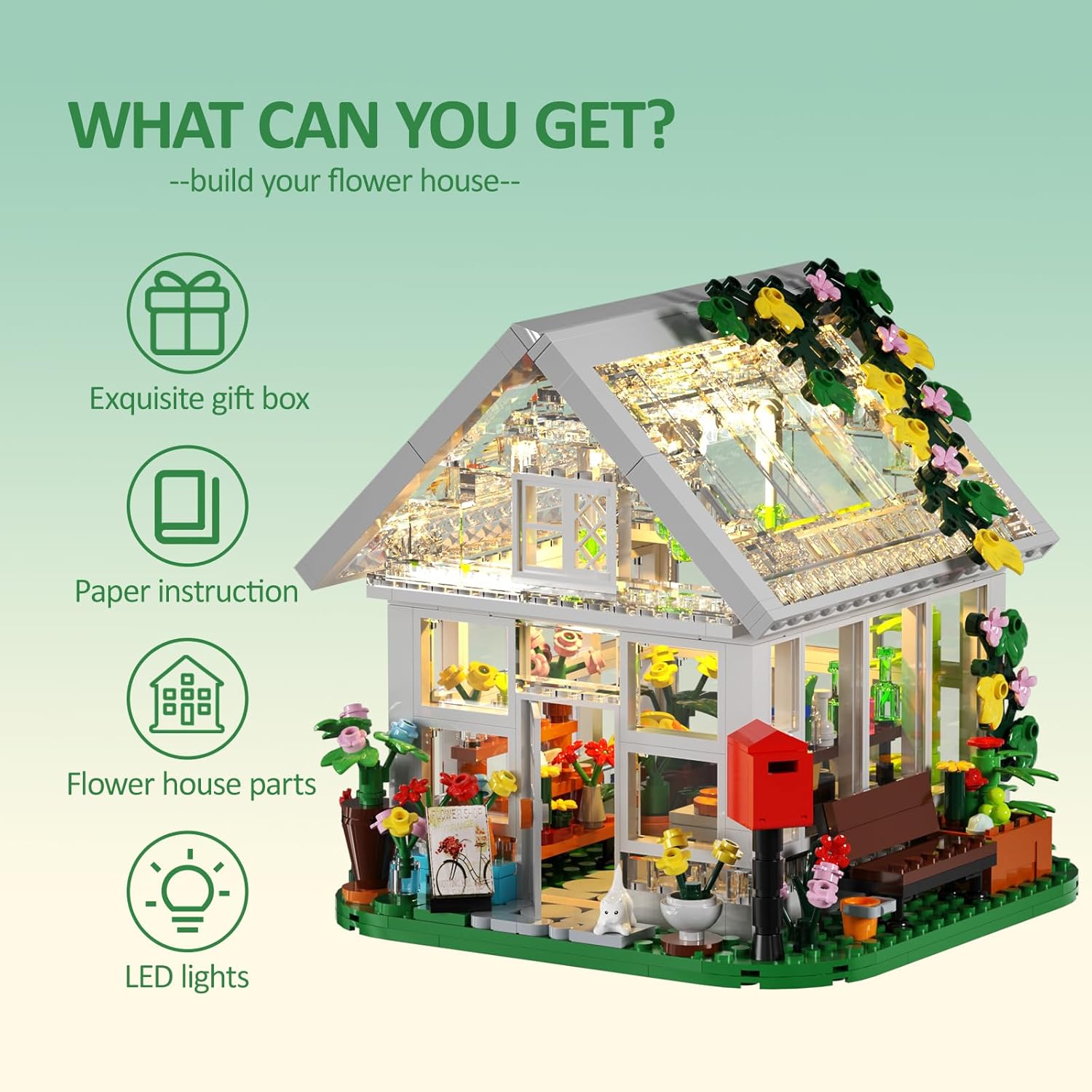 Juego de construcción de casa de flores, gran regalo para amigos o niñas, juguete de construcción de invernadero con luz LED, modelo de casa de