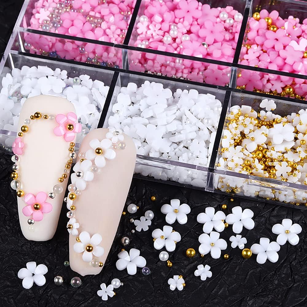 Dijes para uñas de flores 3D, 2 cajas de diamantes de imitación de flores acrílicas 3D, blanco y rosa, mezcla de cerezo, gemas de primavera,