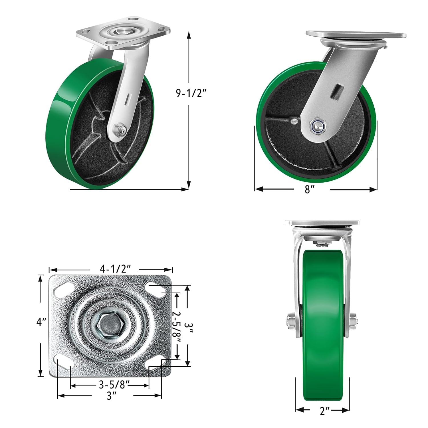 Ruedas giratorias de 8 x 2 pulgadas, ruedas resistentes, rueda de poliuretano, capacidad de hasta 1500 libras. Uso para camión de plataforma,