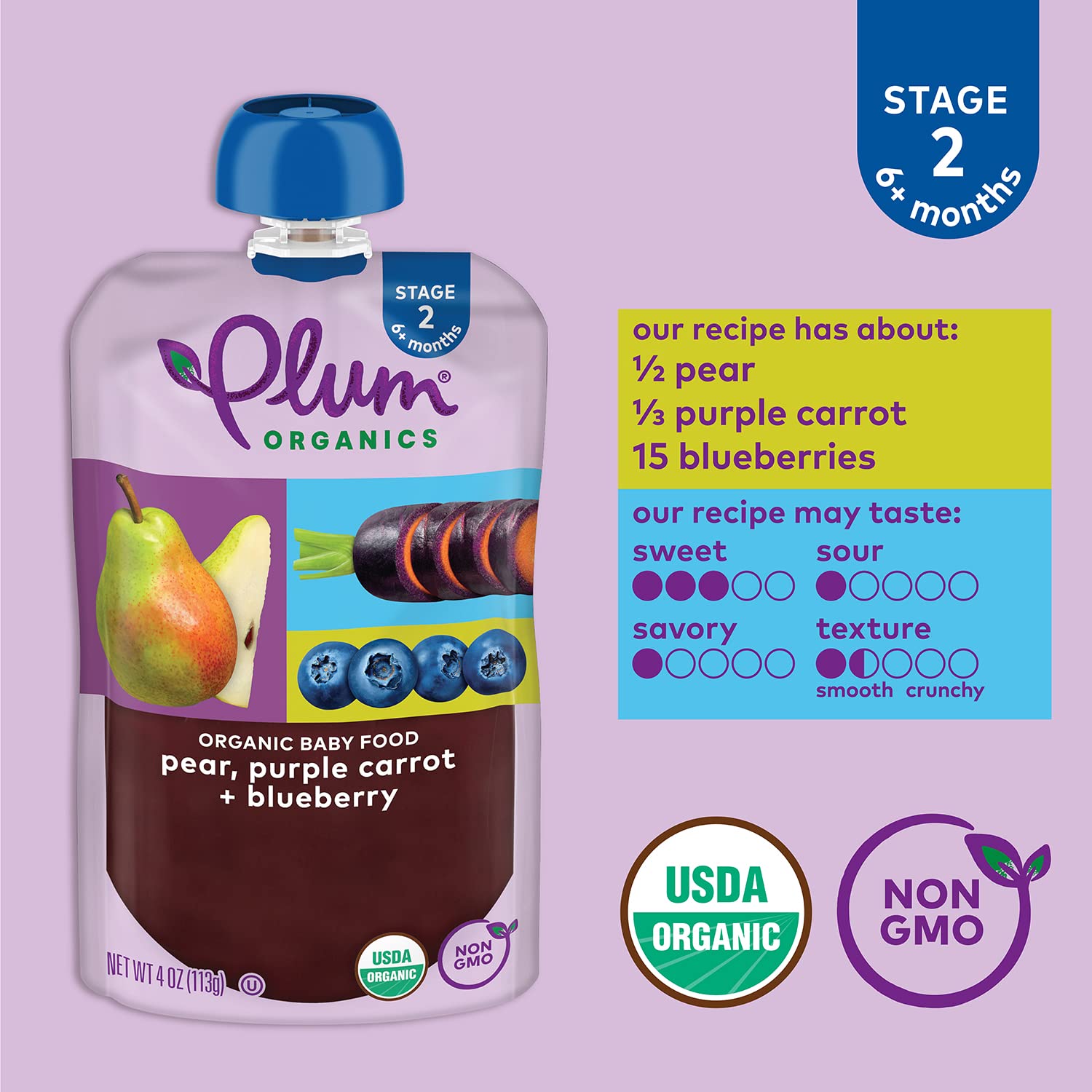 Plum Organics Alimento orgánico para bebés etapa 2 – pera, zanahoria morada y arándanos – Bolsa de 4 onzas – Bolsa orgánica de alimentos para bebés