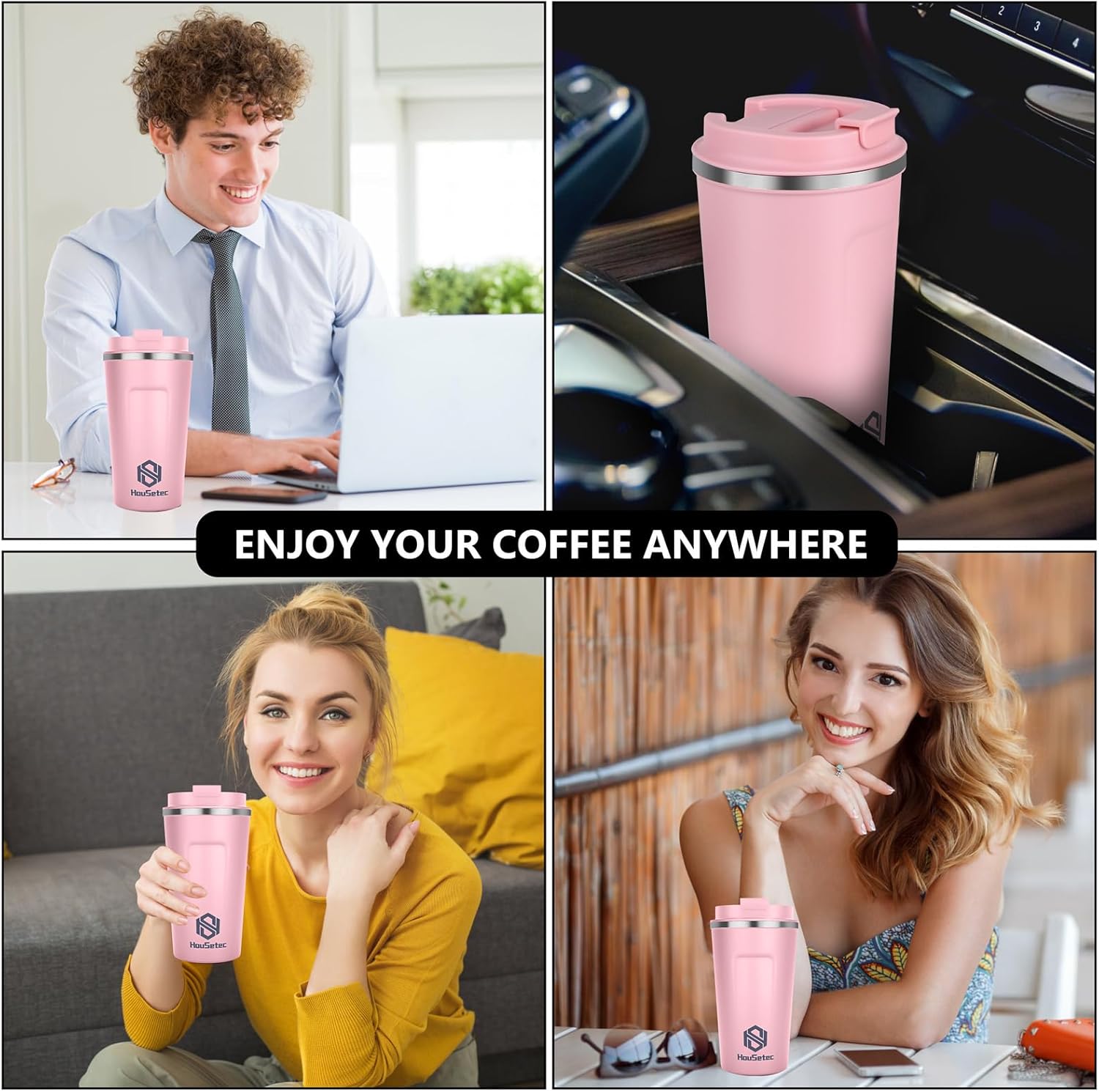 Taza de café, vasos de café con popotes y cepillos para pajillas, taza de café de viaje con tapas a prueba de fugas para mantener el agua caliente y