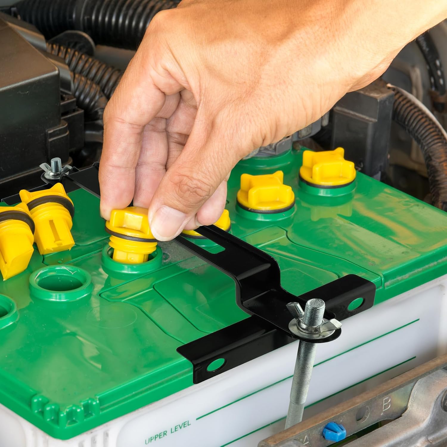 Soporte de retención de batería, paquete de 2 soportes ajustables para batería de automóvil, barra transversal universal de batería con perno en J,