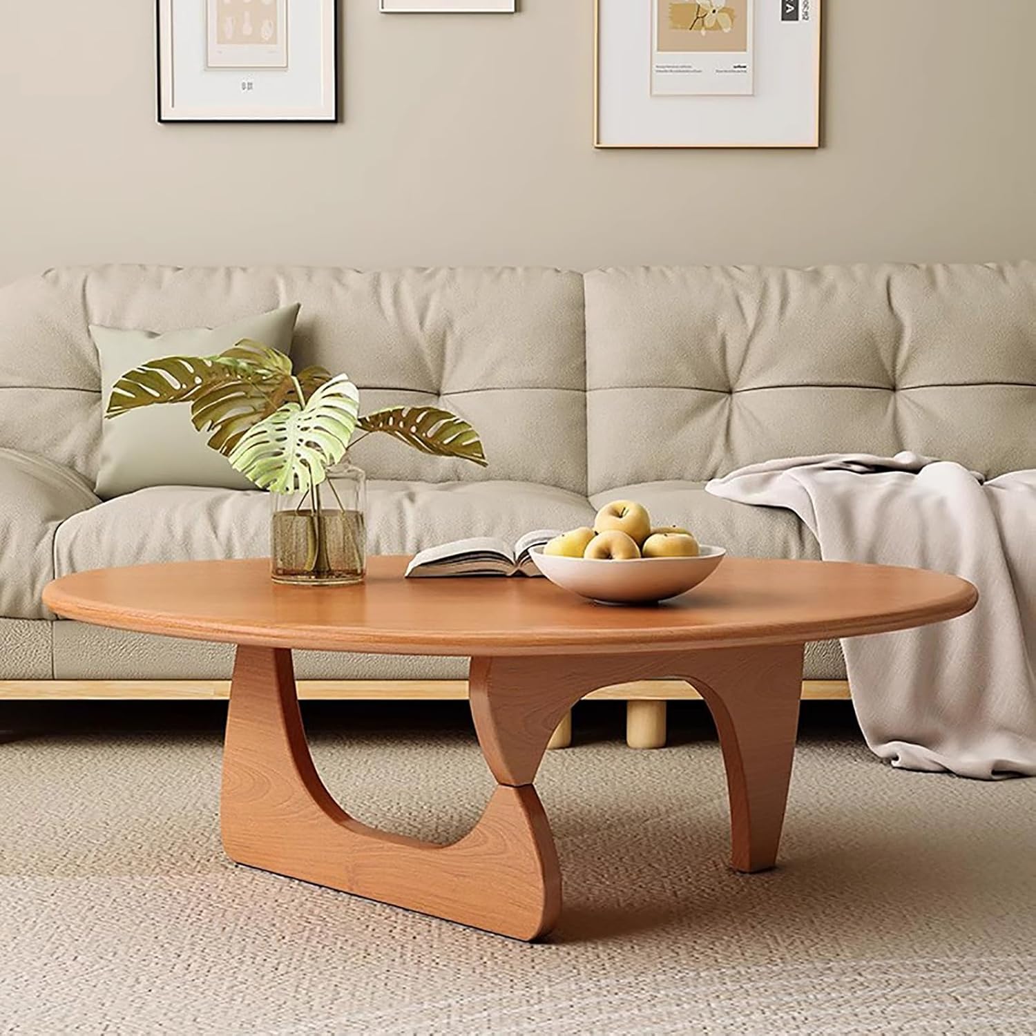 Mesa auxiliar triangular de madera de caucho, mesa auxiliar moderna de mediados de siglo, mesa auxiliar abstracta, mesa central pequeña de madera