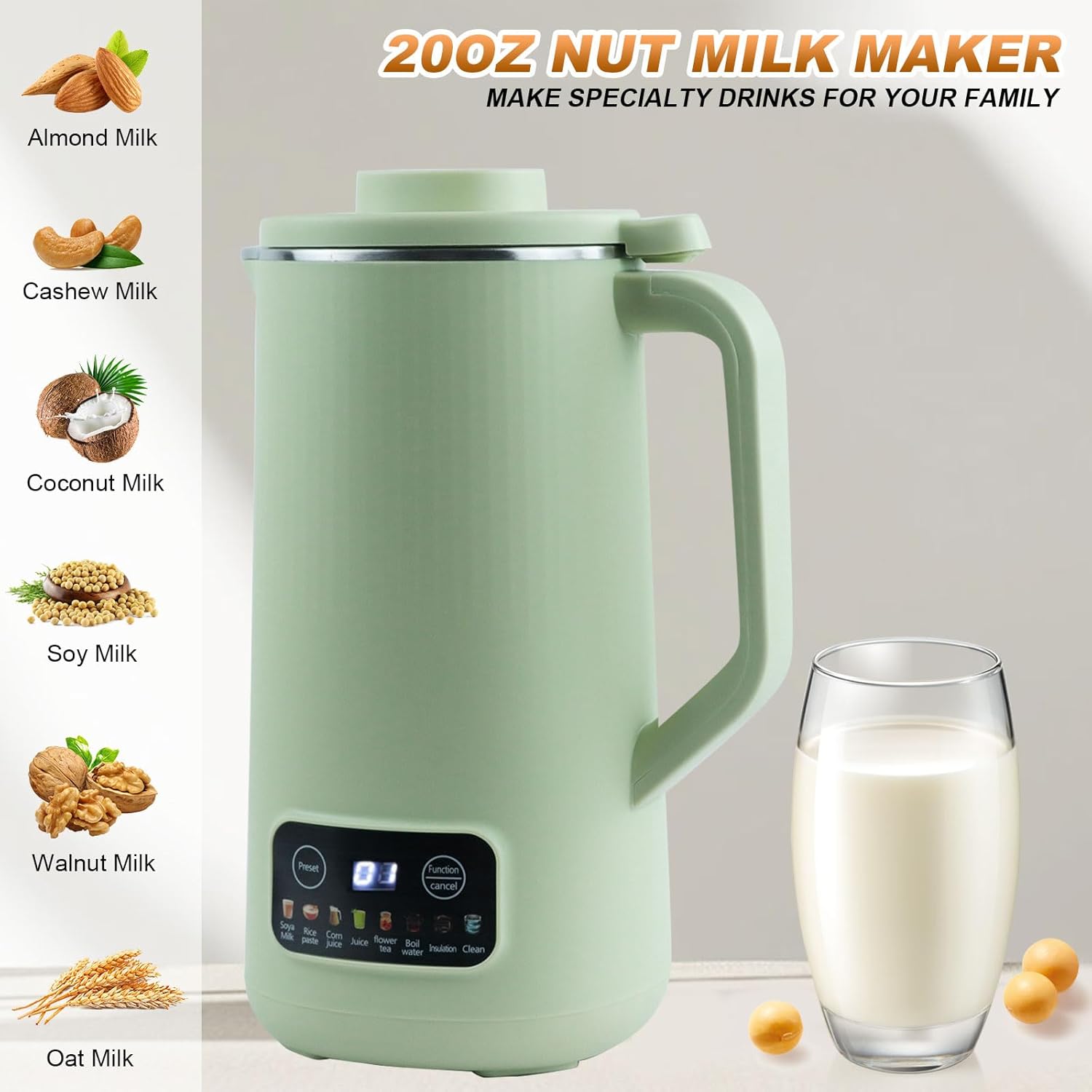 Máquina para hacer leche de nueces, máquina de limpieza automática de leche de soja de 20 onzas con 8 modos y 10 hojas de hojas, almendras caseras,
