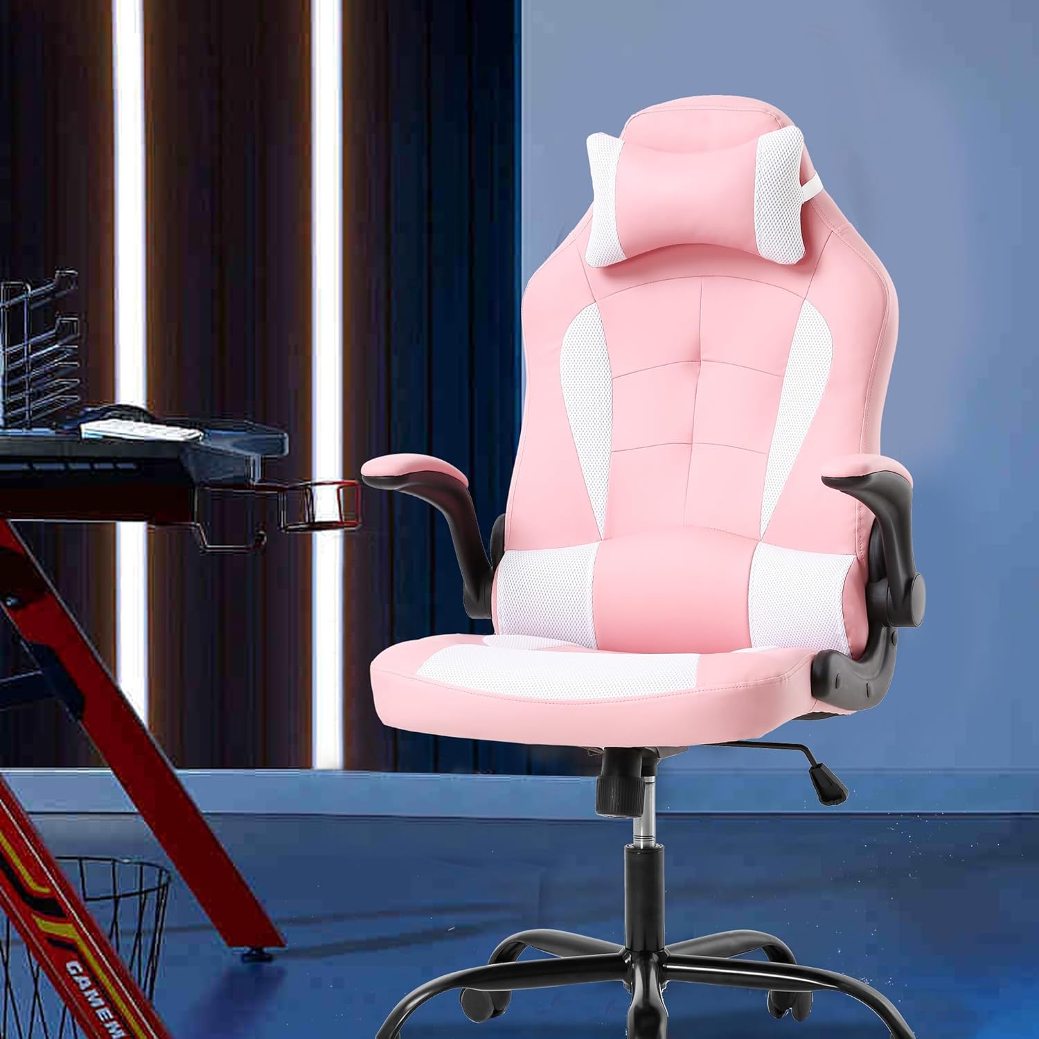 PayLessHere Silla de escritorio para videojuegos, silla ergonómica de oficina con soporte lumbar, reposabrazos acolchados, reposacabezas ajustables,