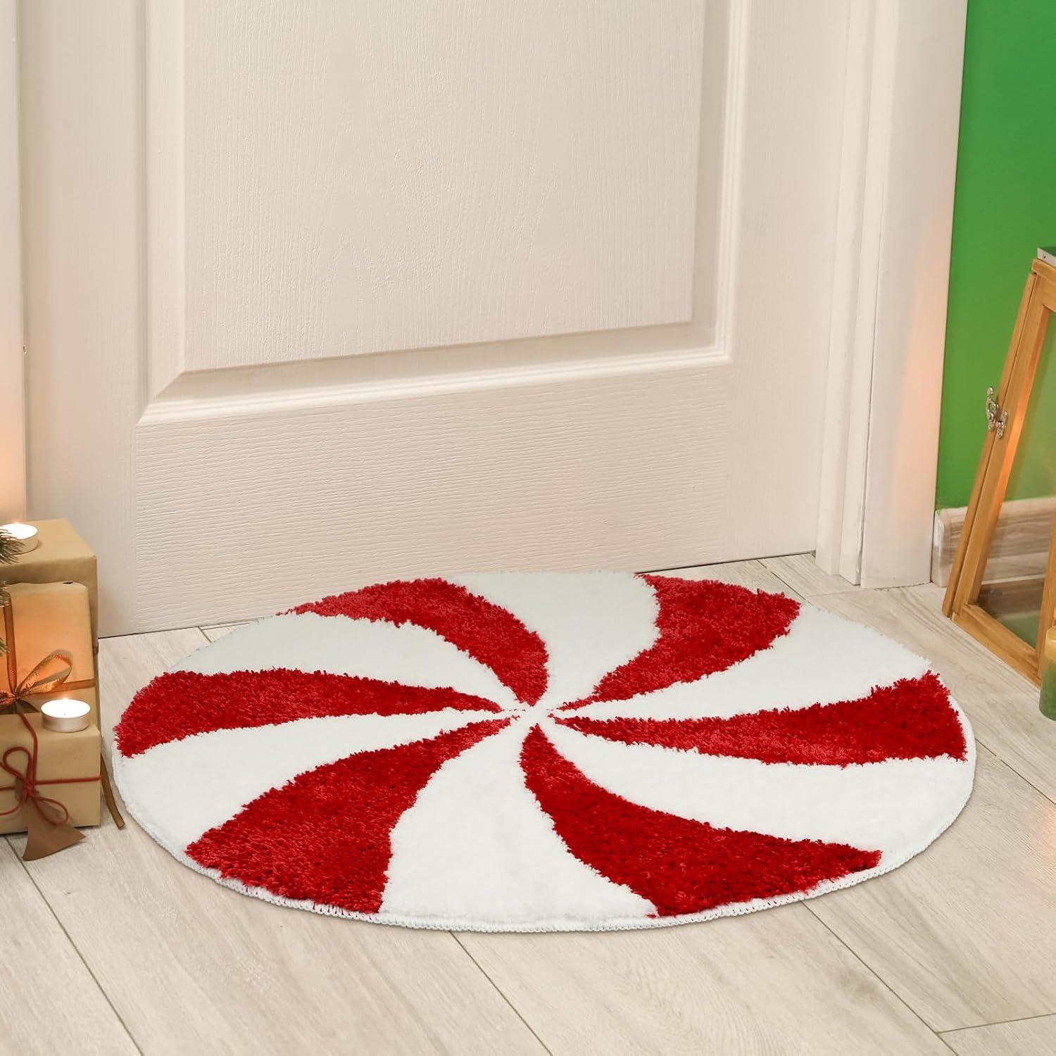 Alfombras de baño de Navidad de 25 pulgadas, lavables, redondas, para invierno, color rojo y blanco, tapete de baño de caramelo, antideslizante,