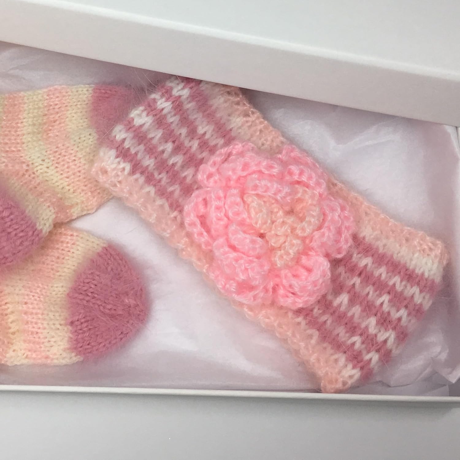 Baby Girl Headband and Matching Socks Booties Set. Handmade of Softest Natural Fibers. Fits 12-18 Months Baby Girl. Pink and White Colors. Designer