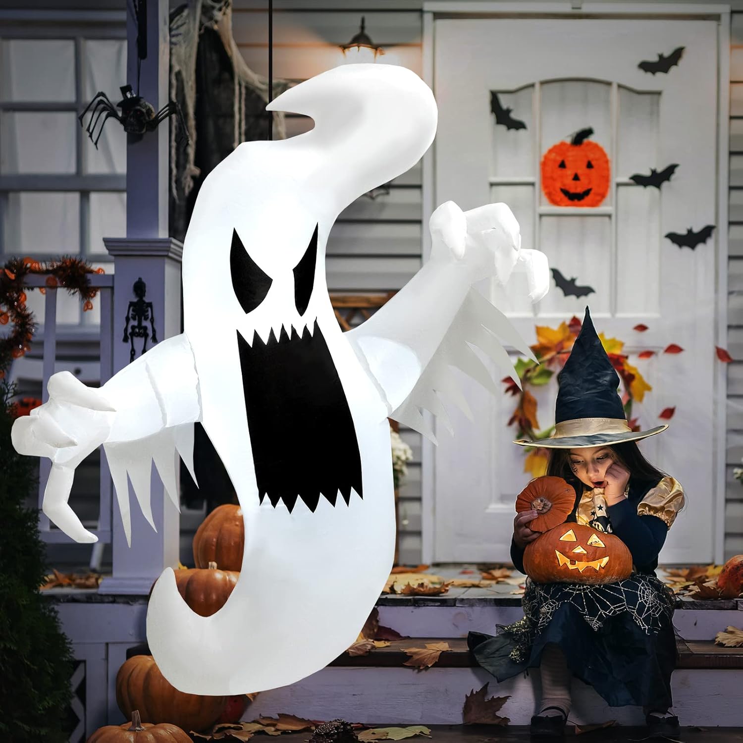 Tangkula Fantasma inflable de Halloween de 5 pies, decoración colgante inflable con 2 luces LED integradas y potente soplador, decoración de fiesta