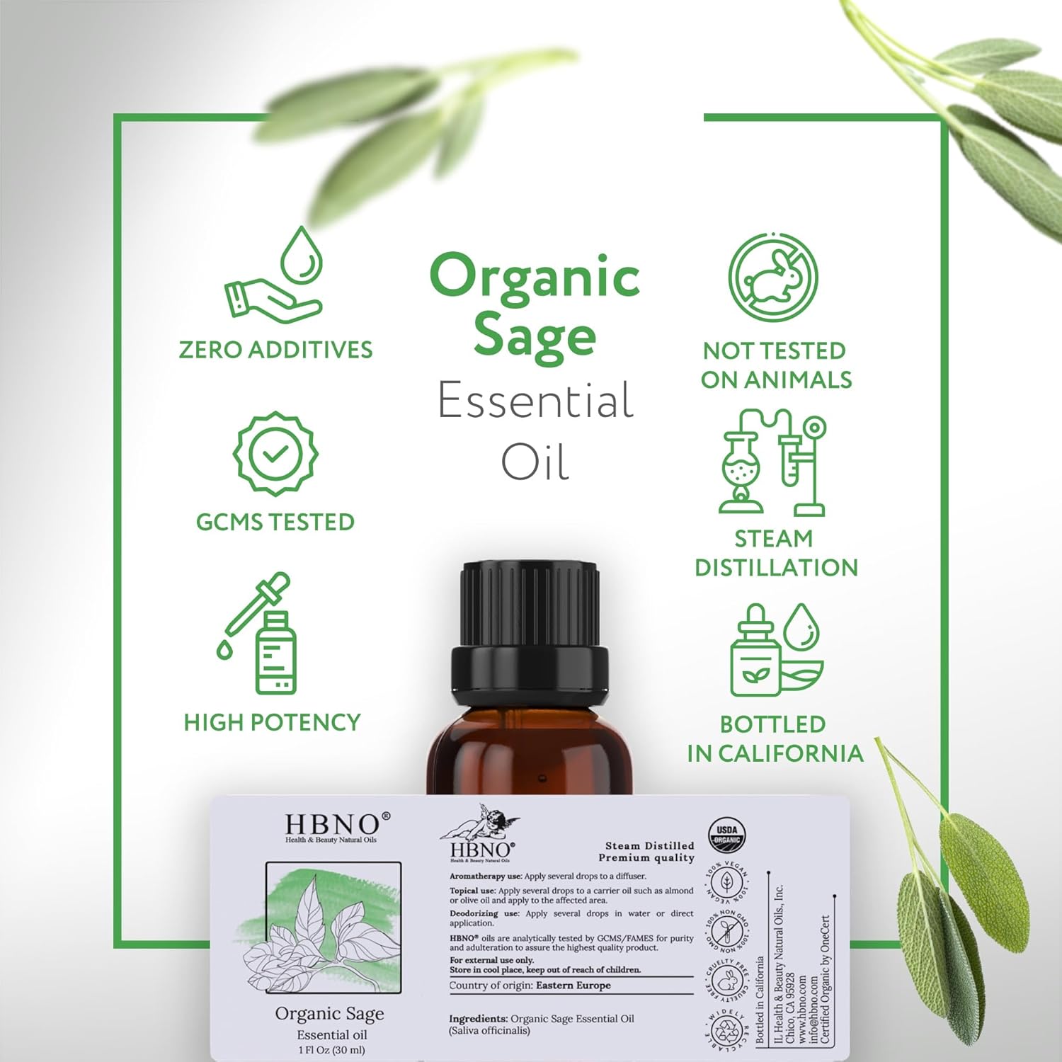 HBNO Aceite esencial de salvia orgánica, 1 onza (1.0 fl oz), aceite esencial de salvia orgánica certificado por USDA, destilado al vapor para