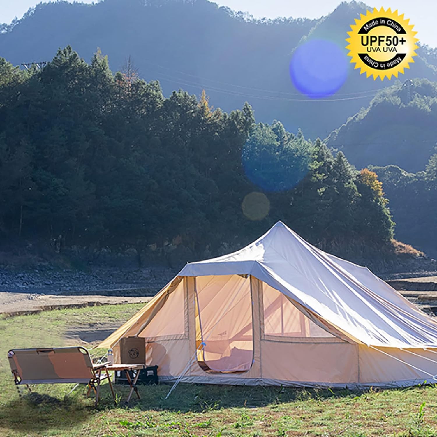Tienda de campaña Campana Yurt Tienda de campaña de lona de algodón de doble puerta pirámide de 11.29 oz, tiendas de campaña familiar Glamping para