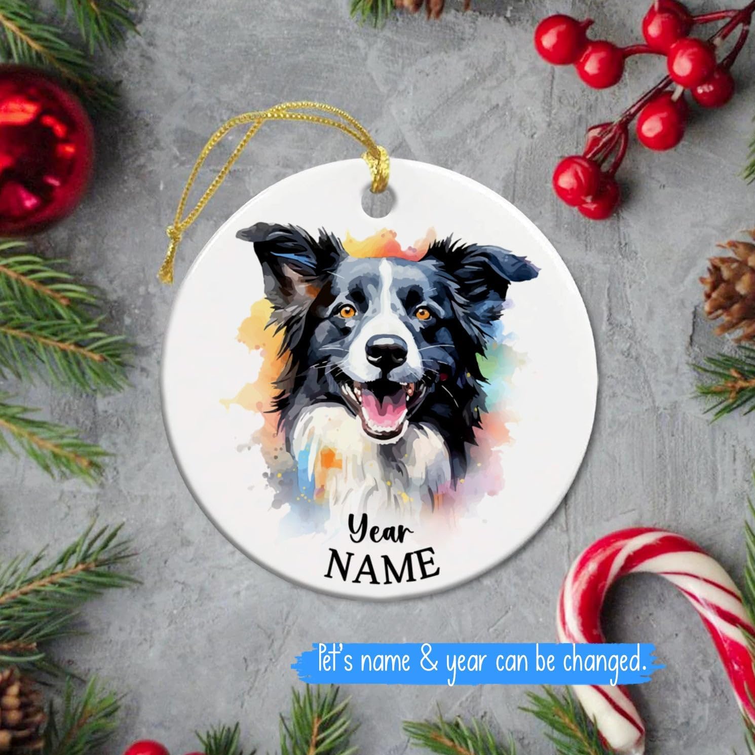 Adorno personalizado de cerámica para perro Border Collie, adorno personalizado para primera Navidad para perro con nombre y año, adorno de Navidad