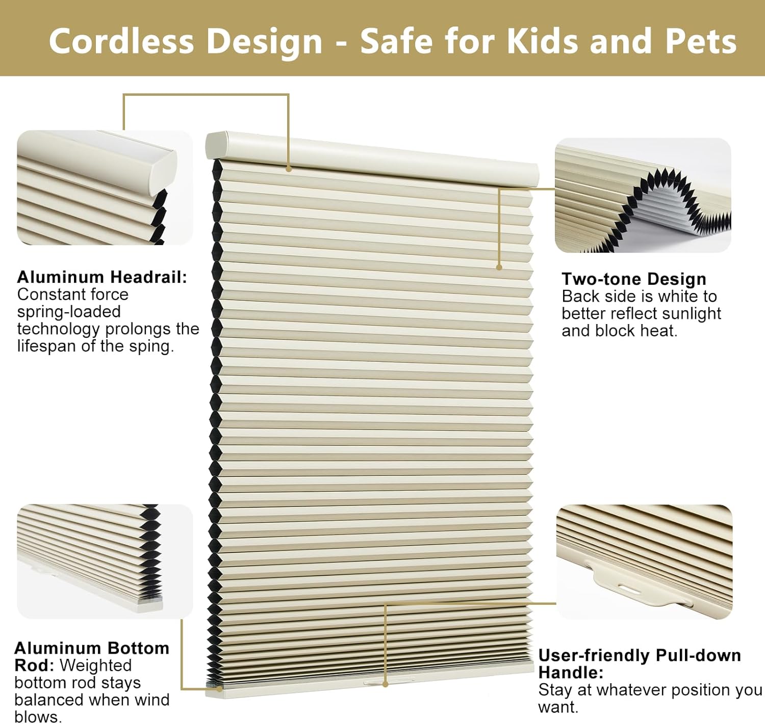 Xidamen Persianas celulares opacas sin cordón, con diseño de panal de abeja, persianas de acordeón para oscurecimiento de la habitación para el
