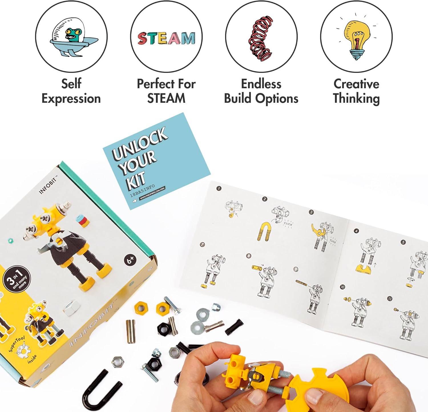 The Off Bits Juegos de construcción de juguetes kit de modelo de robot InfoBit para niños a partir de 6 años, mini juguetes STEM con tuercas y
