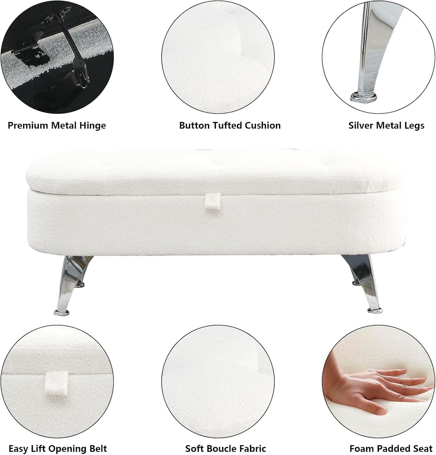 Setawix Banco otomano de almacenamiento Sherpa para dormitorio, extremo de la cama, banco de almacenamiento ovalado de 45.5 pulgadas de largo, banco