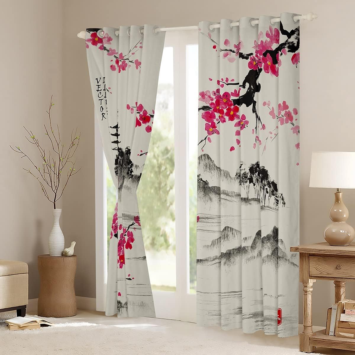 Cortinas de ventana con diseño de cerezo en flor para dormitorio, sala de estar, cortinas japonesas de montaña Fuji para niños y niñas, cortinas de