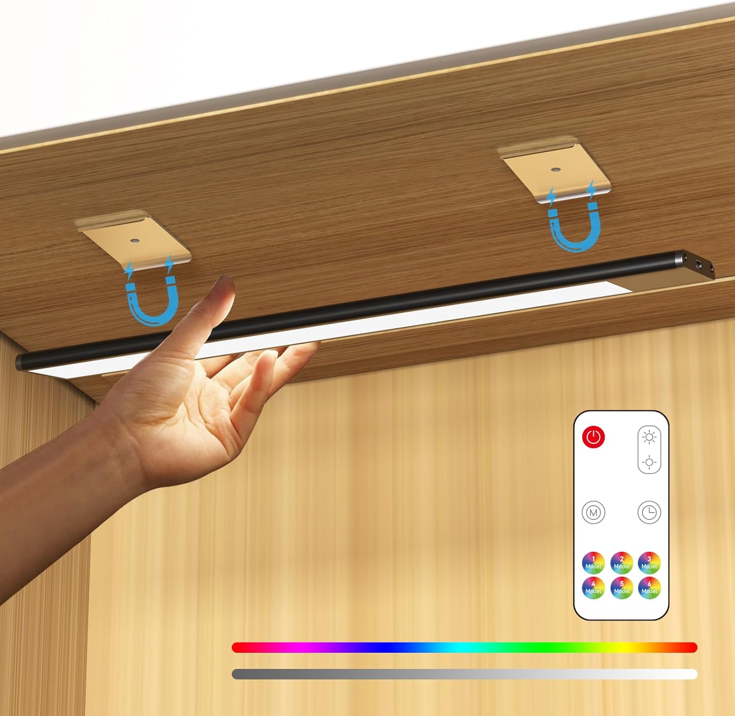 Luces LED RGB para debajo del gabinete, luz LED RGB con cambio de color recargable, funciona con pilas, iluminación debajo de la encimera con