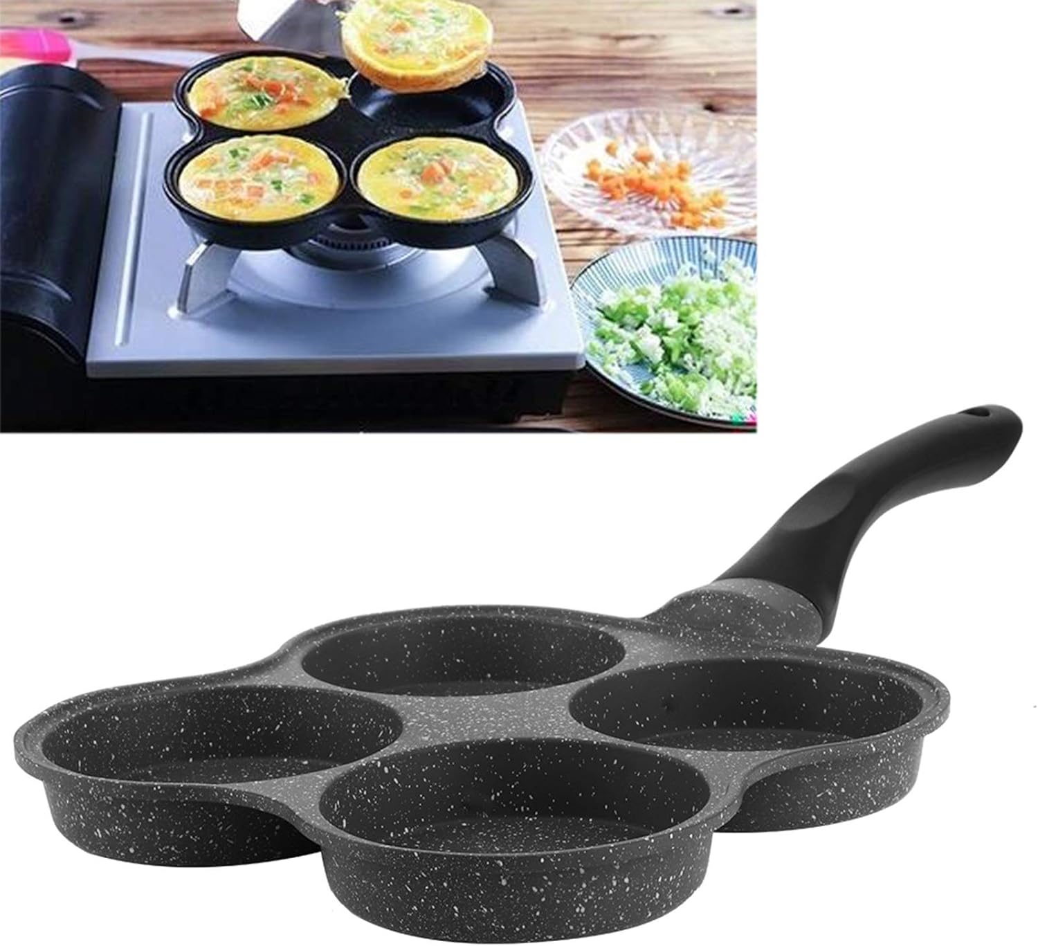 VTOSEN Sartén para 4 huevos, sartén para tortillas, antiadherente, fácil de limpiar, para desayuno, panqueques, huevos escalfados, adecuada para